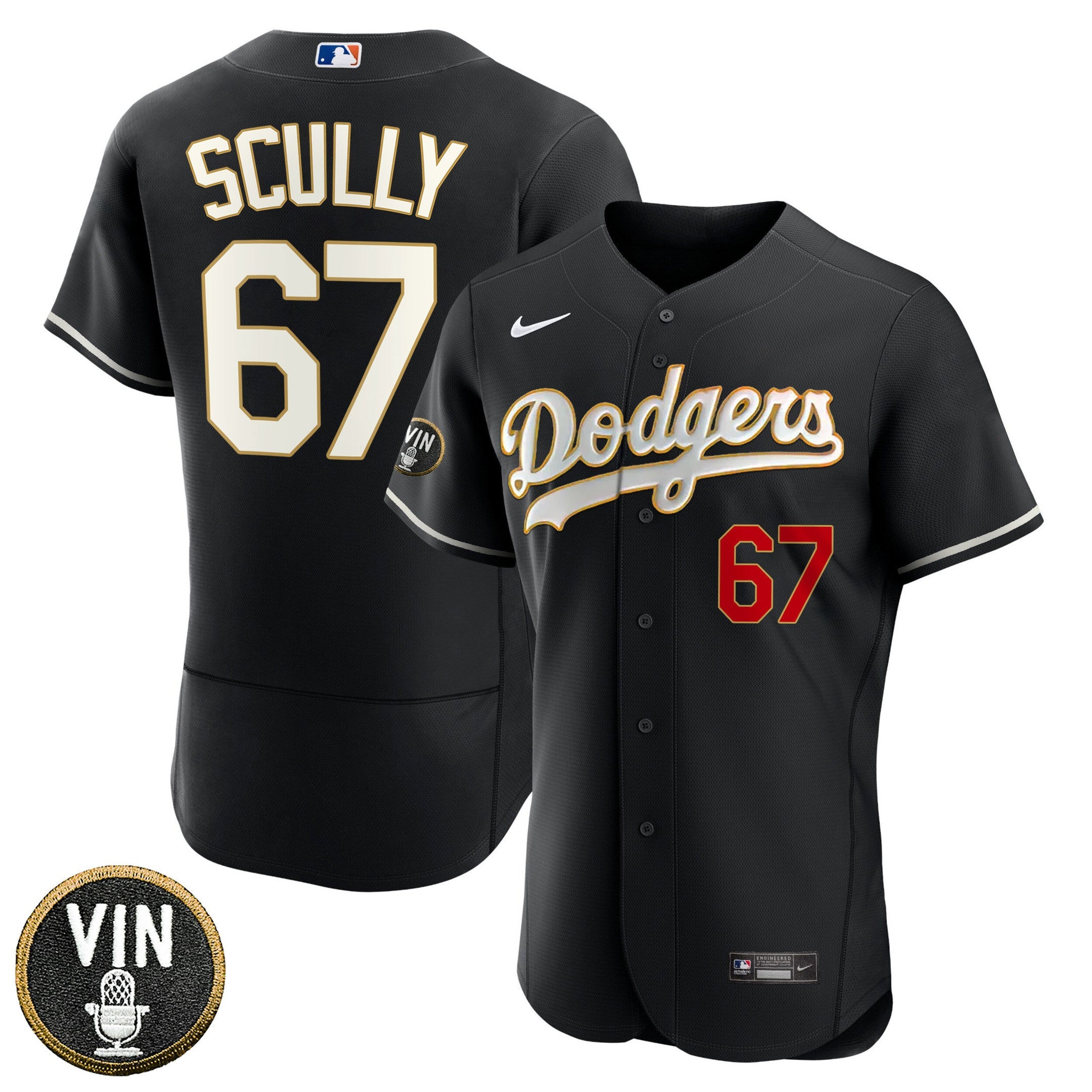Los Angeles Vin Scully Patch Black Gold Trim Jersey