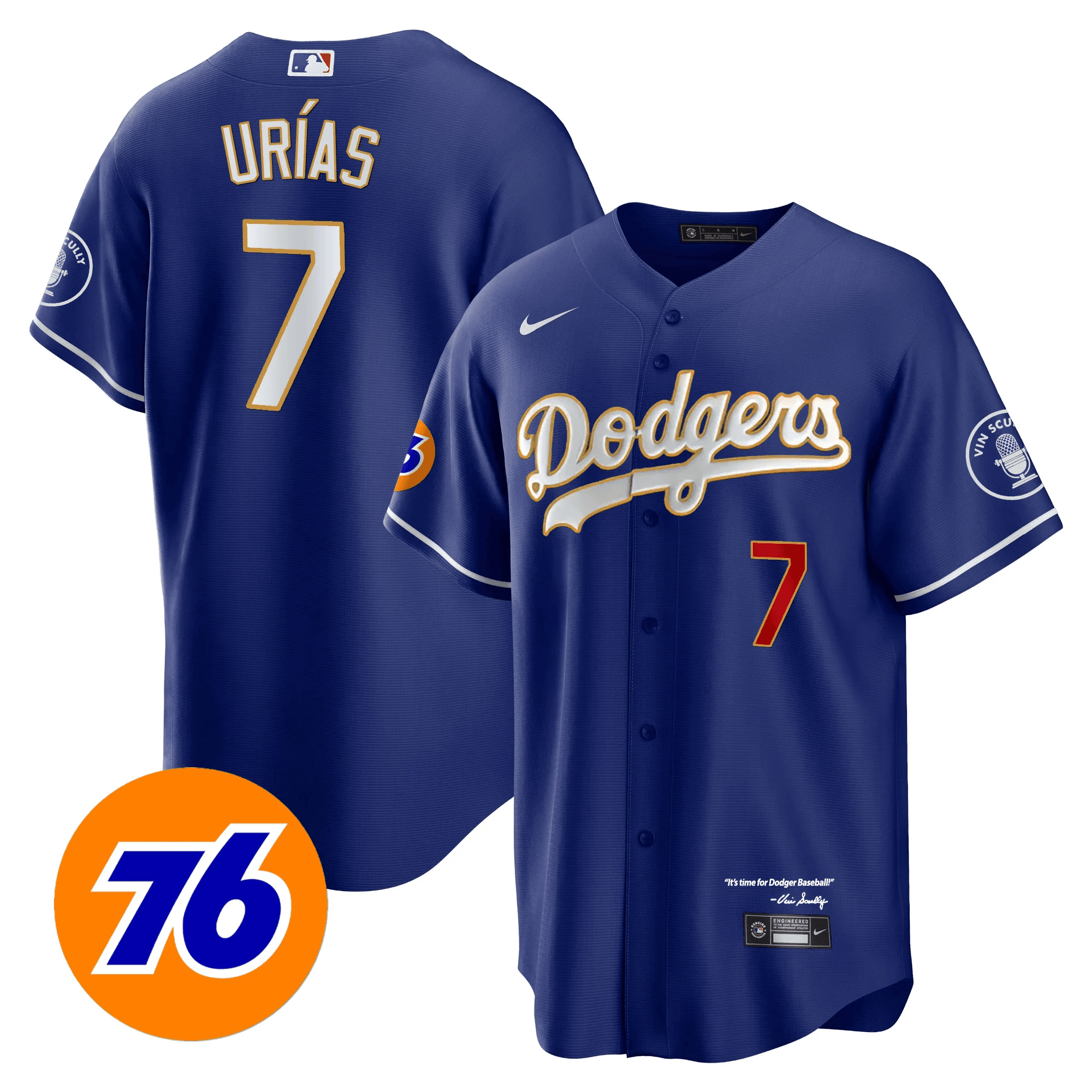 Men’s Los Angeles Vin Scully 76 Patch Gold Trim Player Jersey
