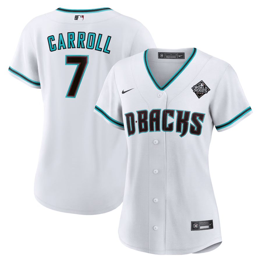 Women’s Corbin Carroll Arizona 2023 World Series Patch Jersey – White