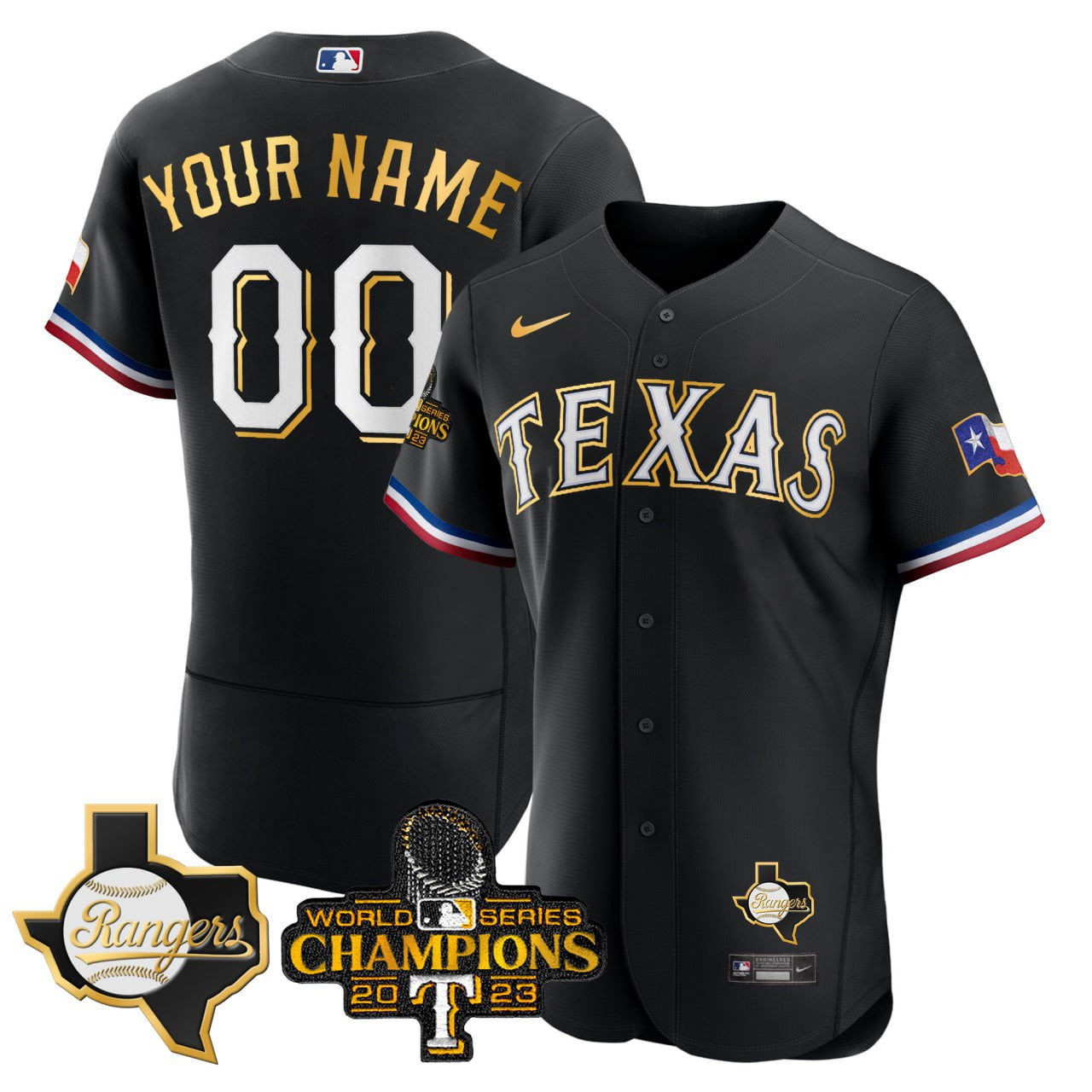 Texas 2023 World Series Champions Patch Flex Base Gold Trim Custom Jersey
