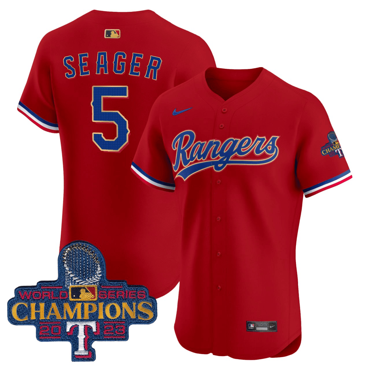 Corey Seager Texas Red 2023 World Series Champions Gold Trim Vapor Premier Elite Jersey