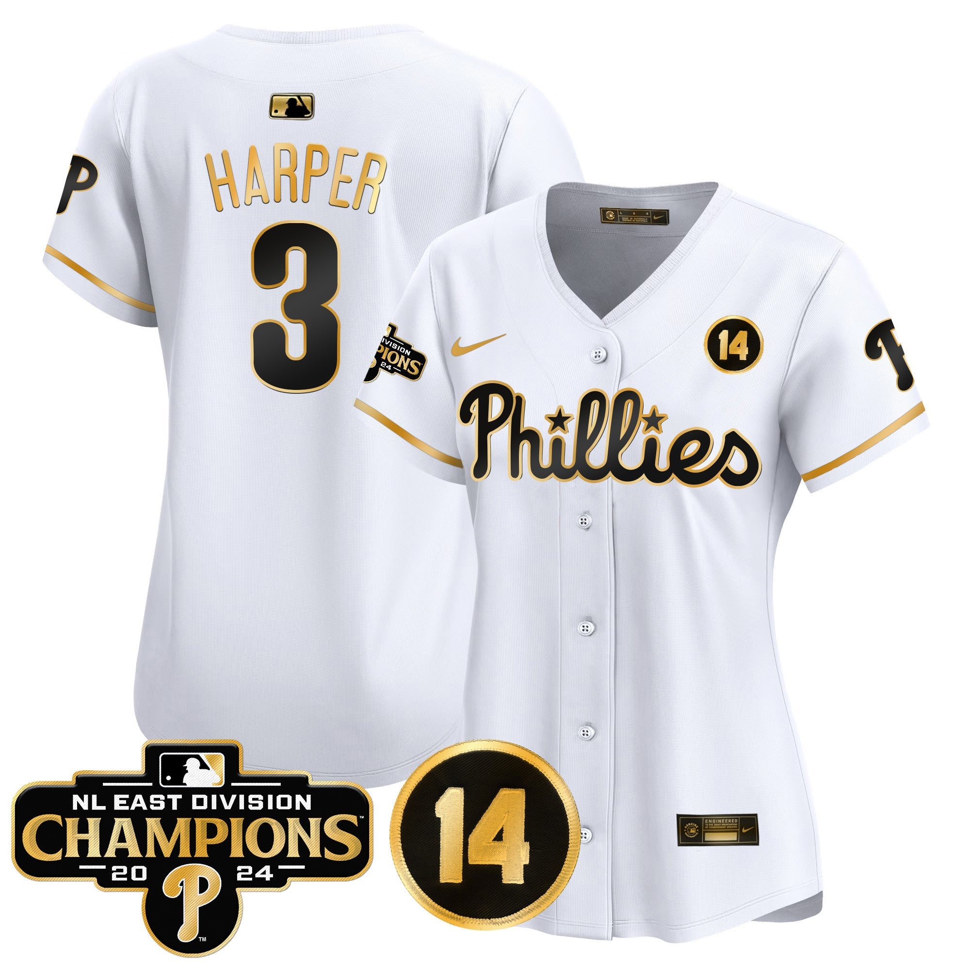 Women’s 2024 NL East Division Champions & Pete Rose Patch Gold Vapor Premier Limited Jersey