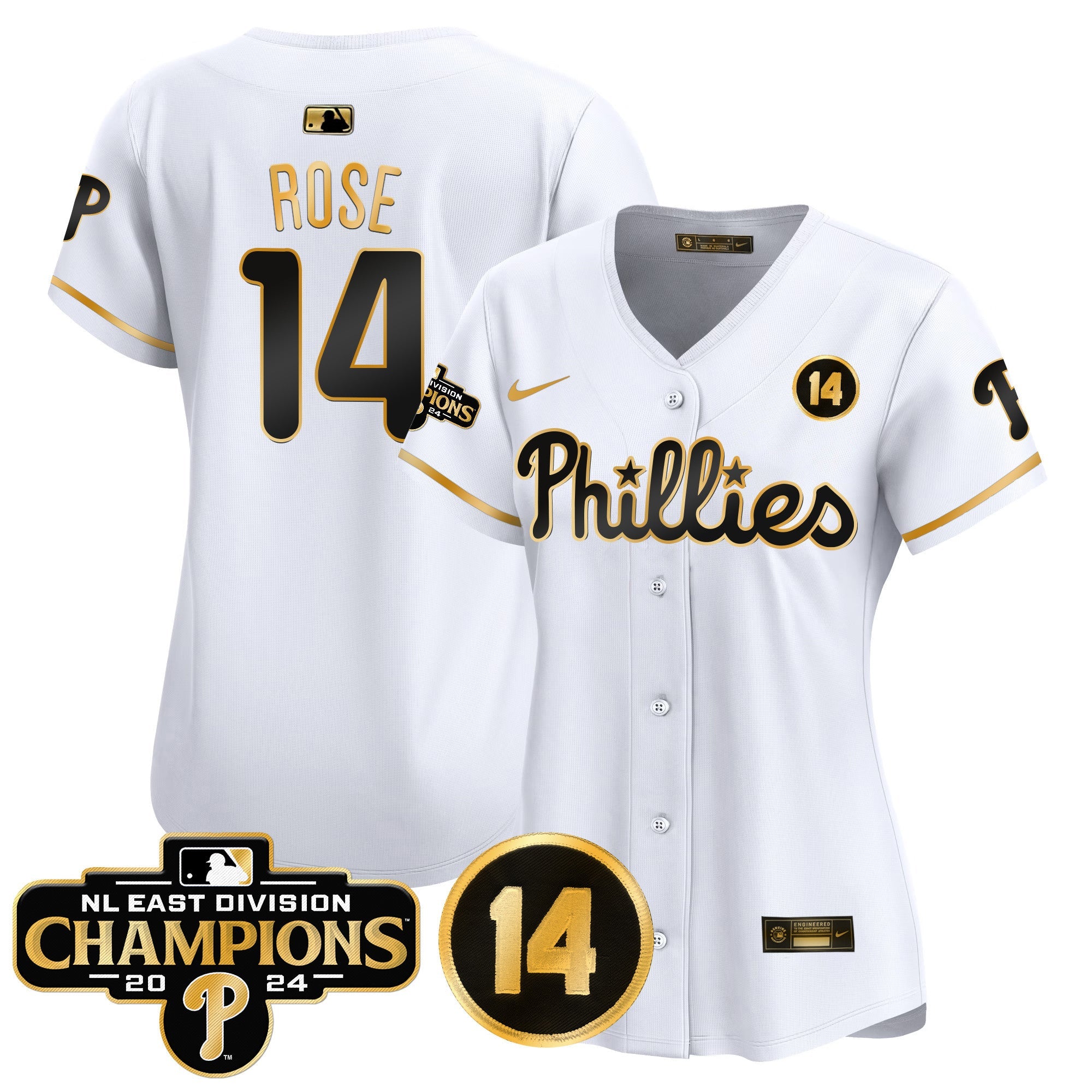 Women’s 2024 NL East Division Champions & Pete Rose Patch Gold Vapor Premier Limited Jersey