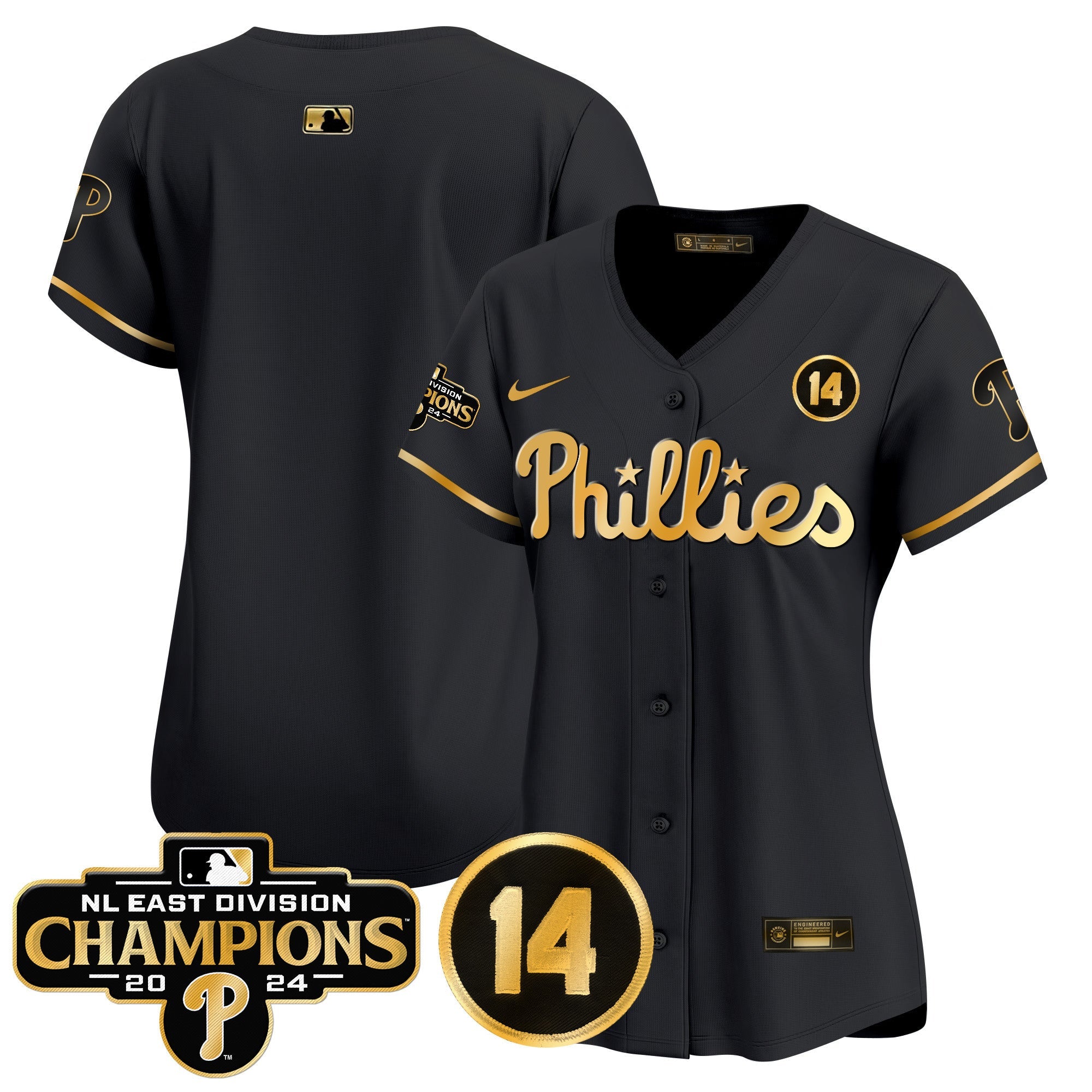 Women’s 2024 NL East Division Champions & Pete Rose Patch Gold Vapor Premier Limited Jersey