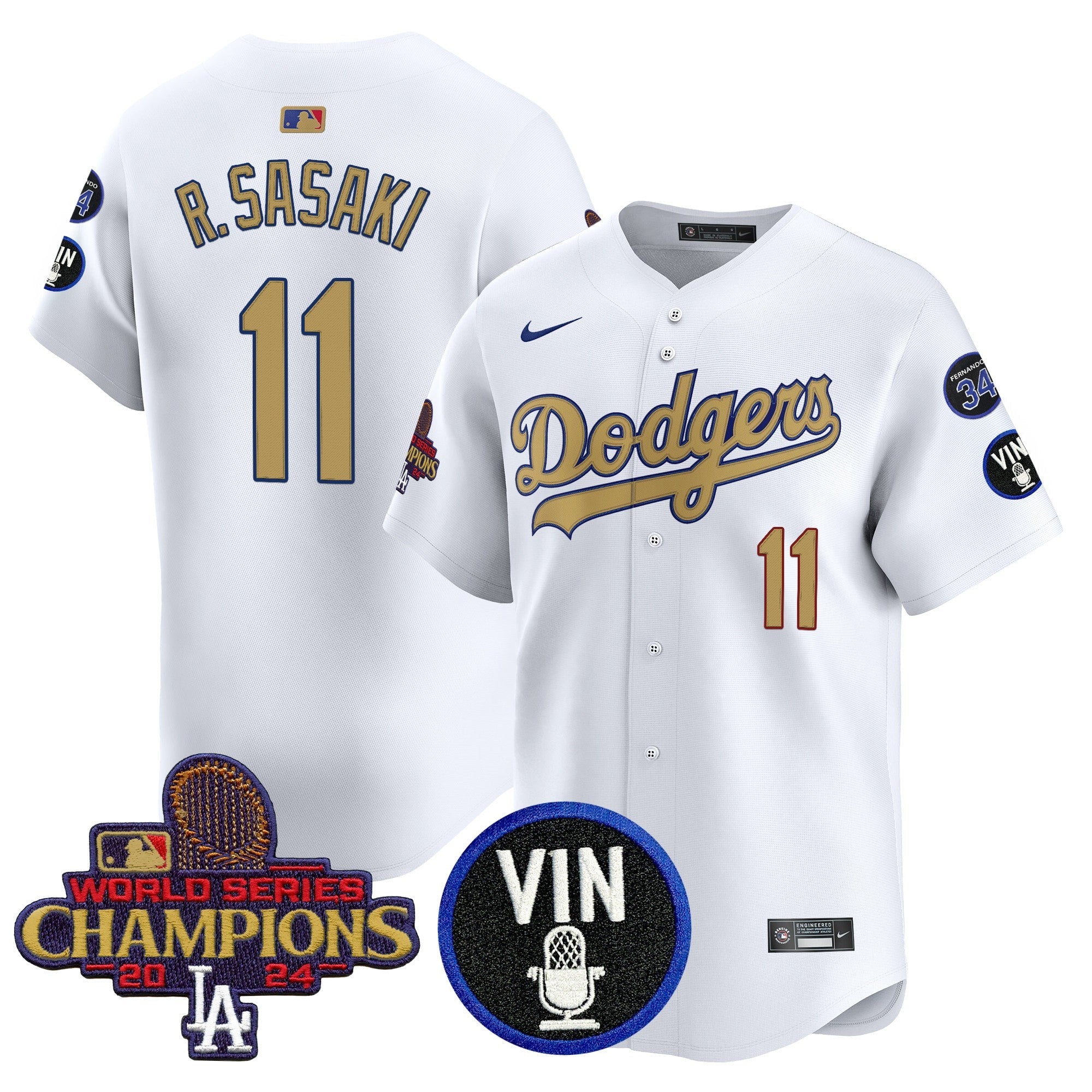 Men’s 2025 Vin Scully & #34 Fernando Patch Gold Vapor Premier Limited Jersey