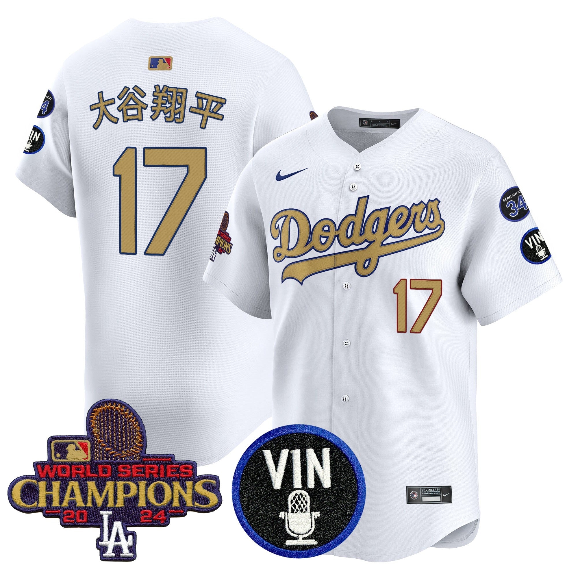 Men’s 2025 Vin Scully & #34 Fernando Patch Gold Vapor Premier Limited Jersey