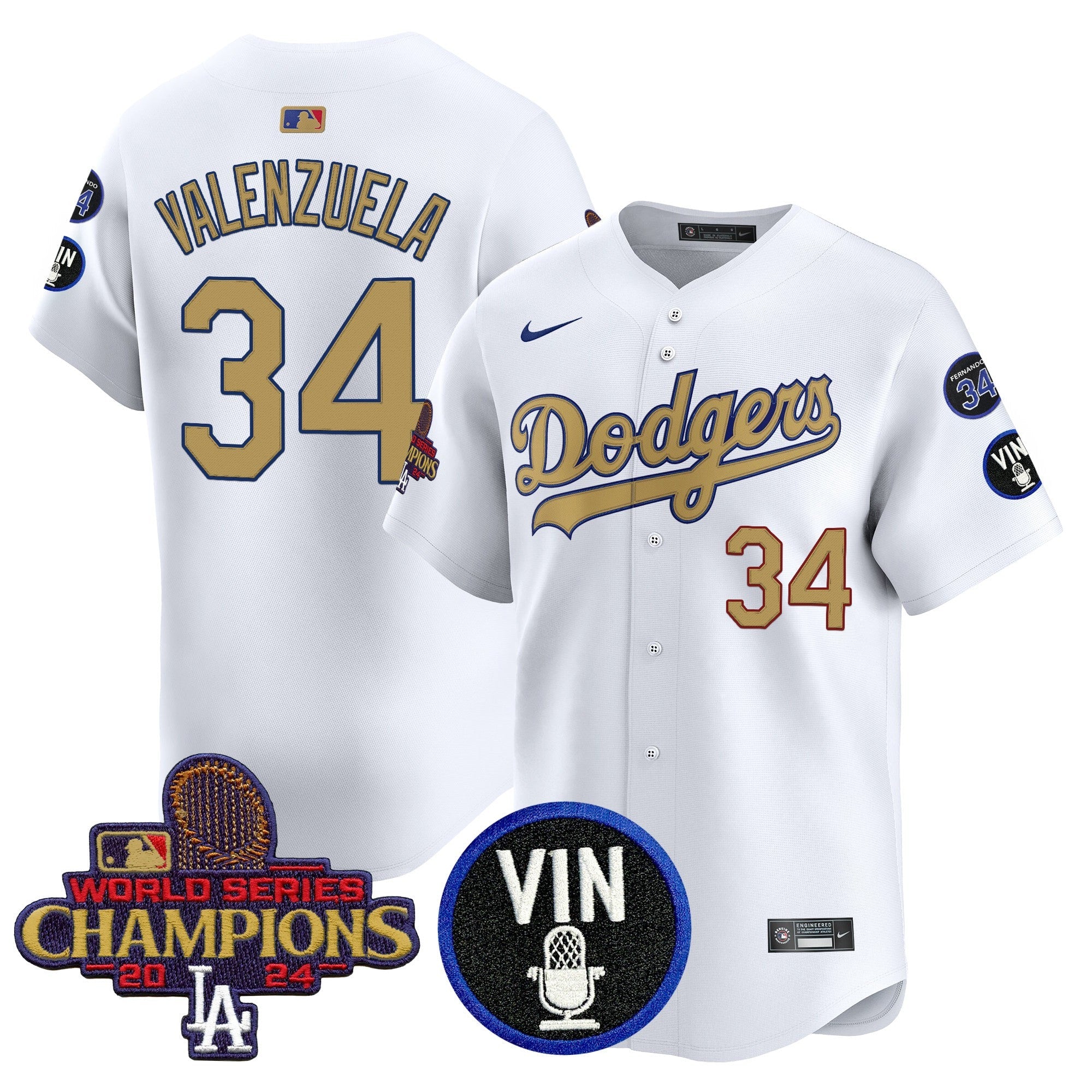 Men’s 2025 Vin Scully & #34 Fernando Patch Gold Vapor Premier Limited Jersey