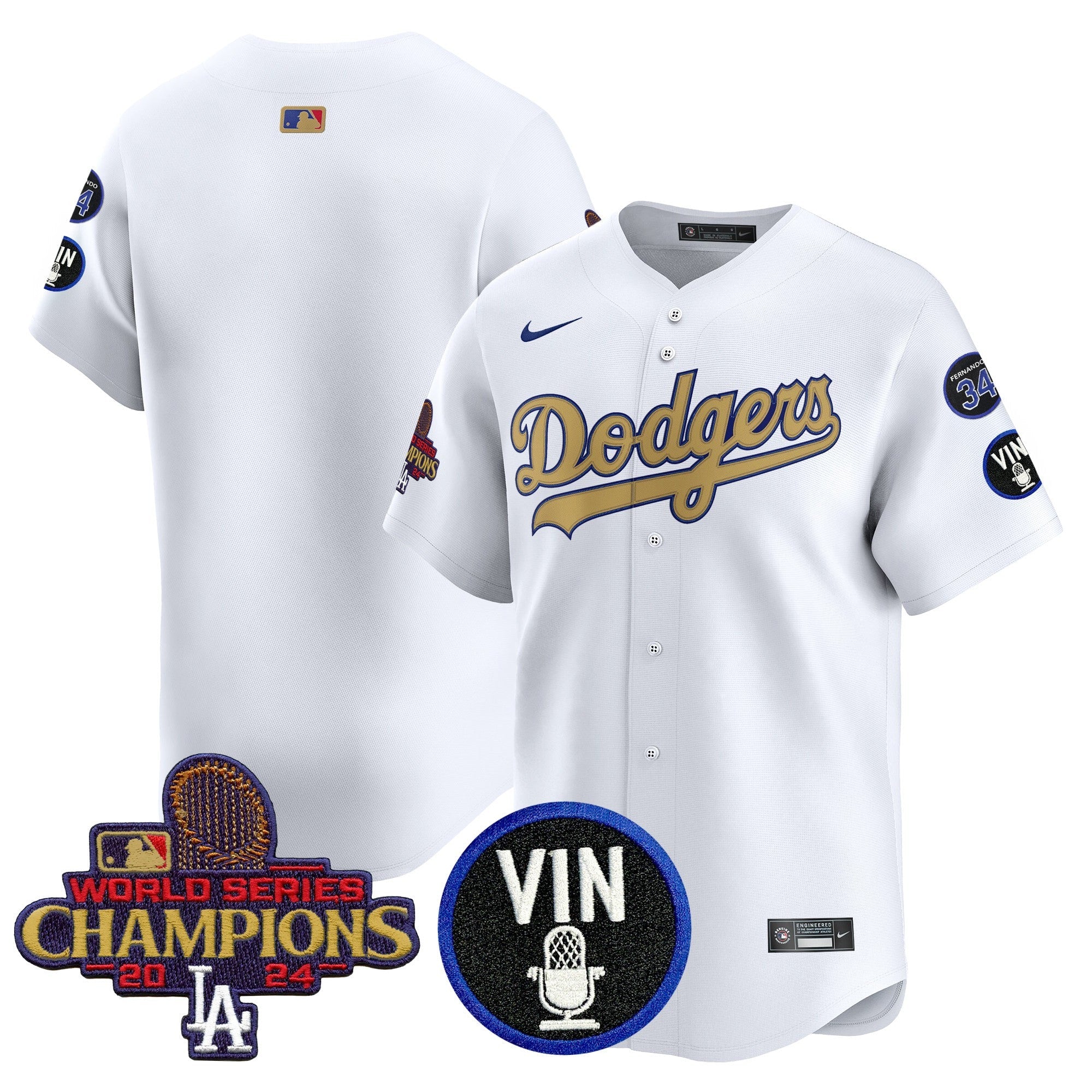 Men’s 2025 Vin Scully & #34 Fernando Patch Gold Vapor Premier Limited Jersey