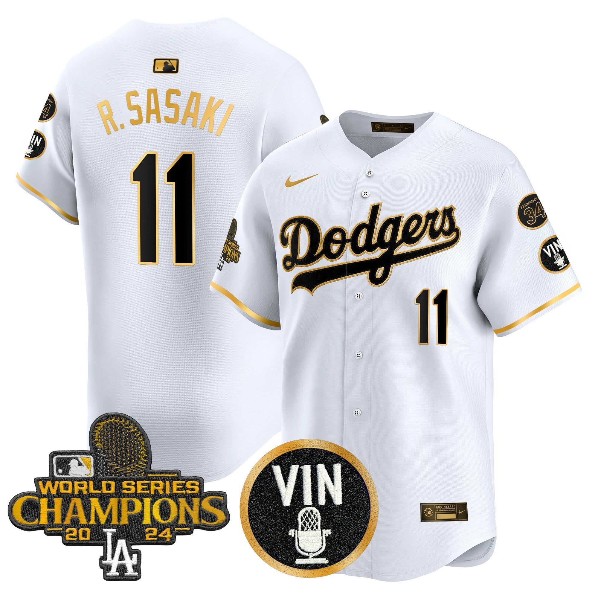Men’s 2025 Vin Scully & #34 Fernando Patch Gold Vapor Premier Limited Jersey