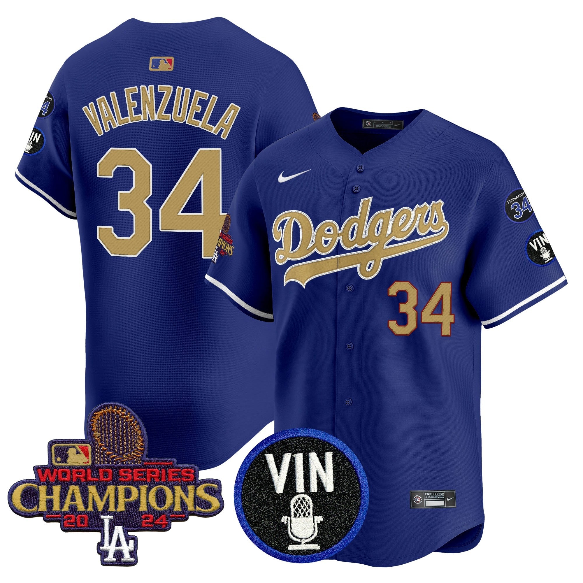 Men’s 2025 Vin Scully & #34 Fernando Patch Gold Vapor Premier Limited Jersey