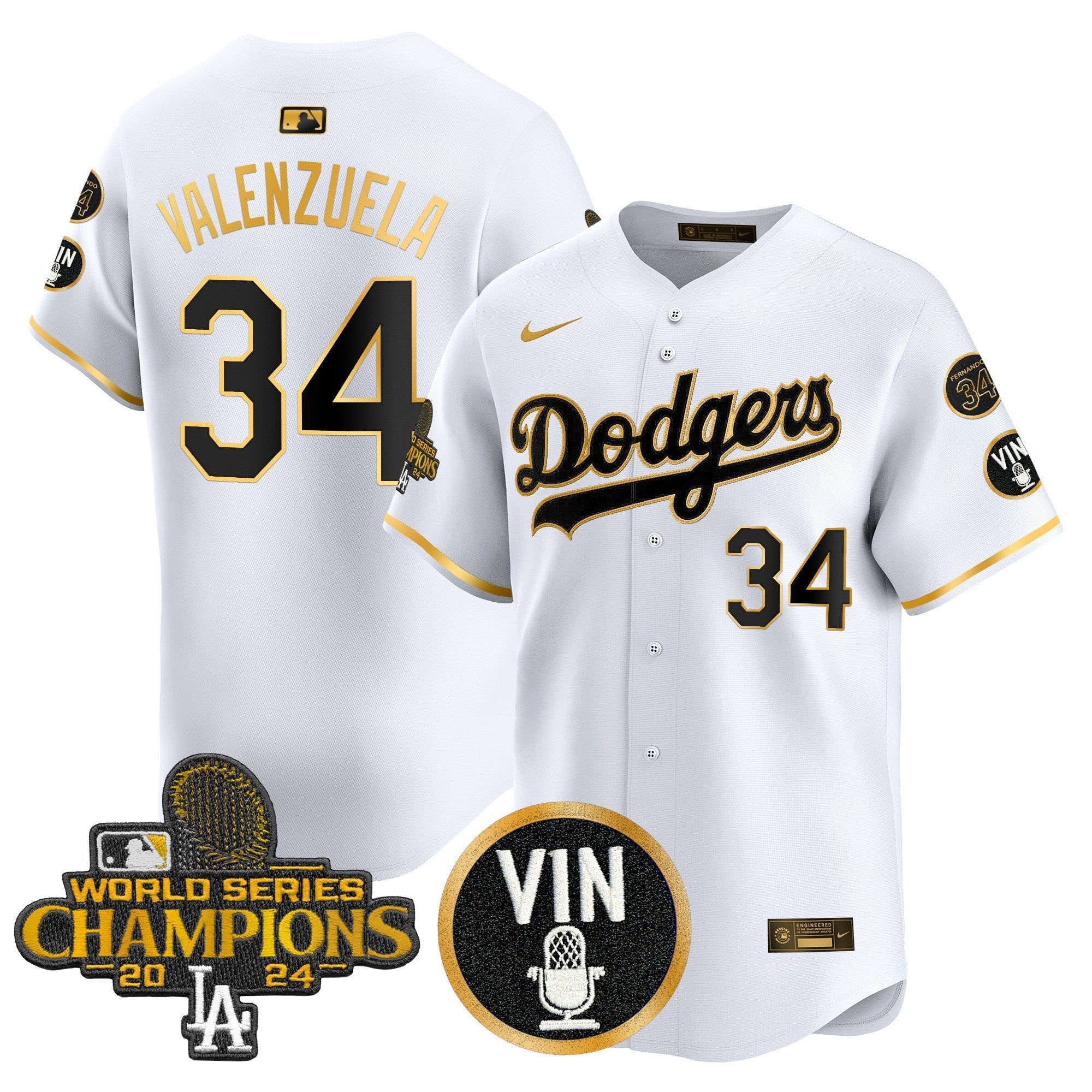 Men’s 2025 Vin Scully & #34 Fernando Patch Gold Vapor Premier Limited Jersey