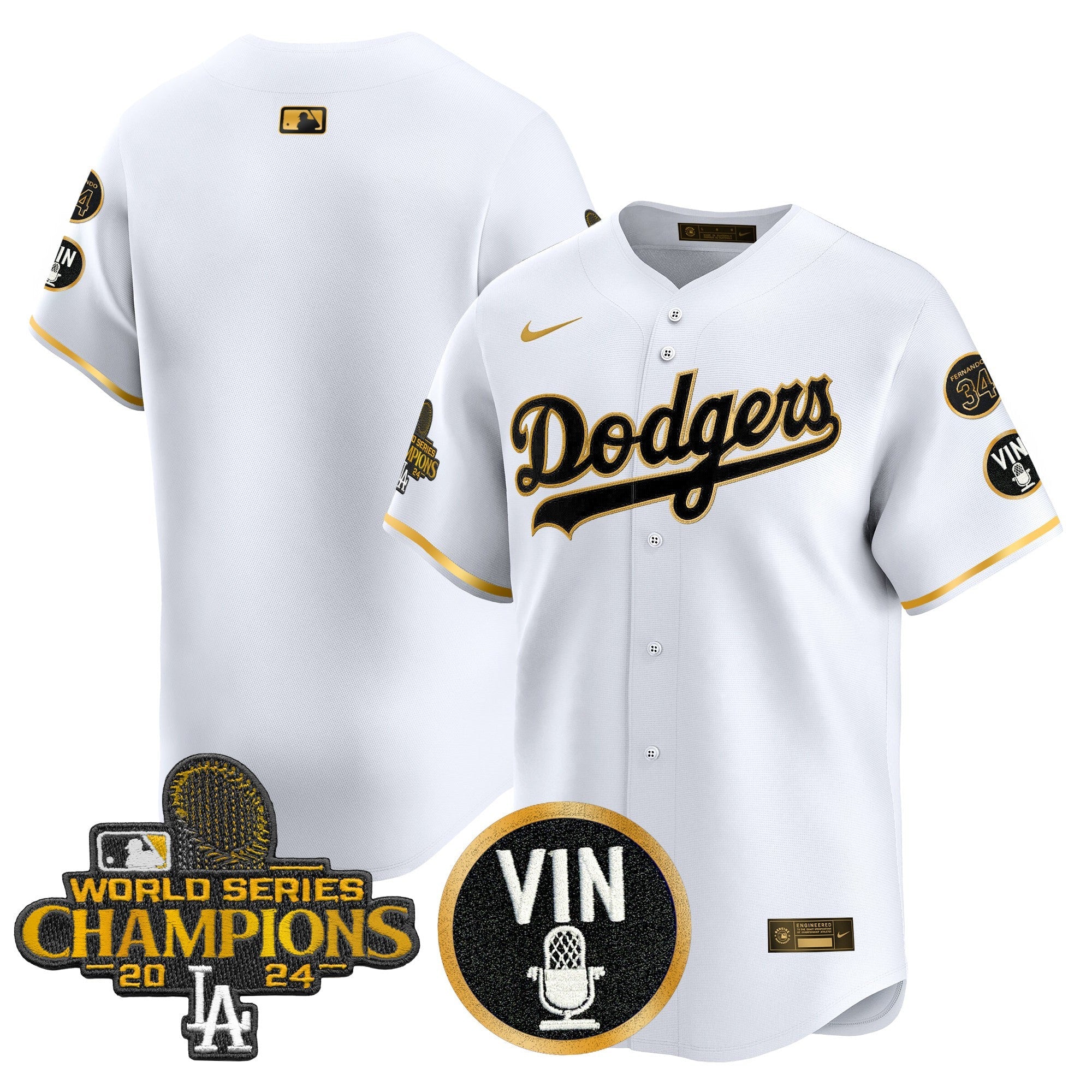 Men’s 2025 Vin Scully & #34 Fernando Patch Gold Vapor Premier Limited Jersey