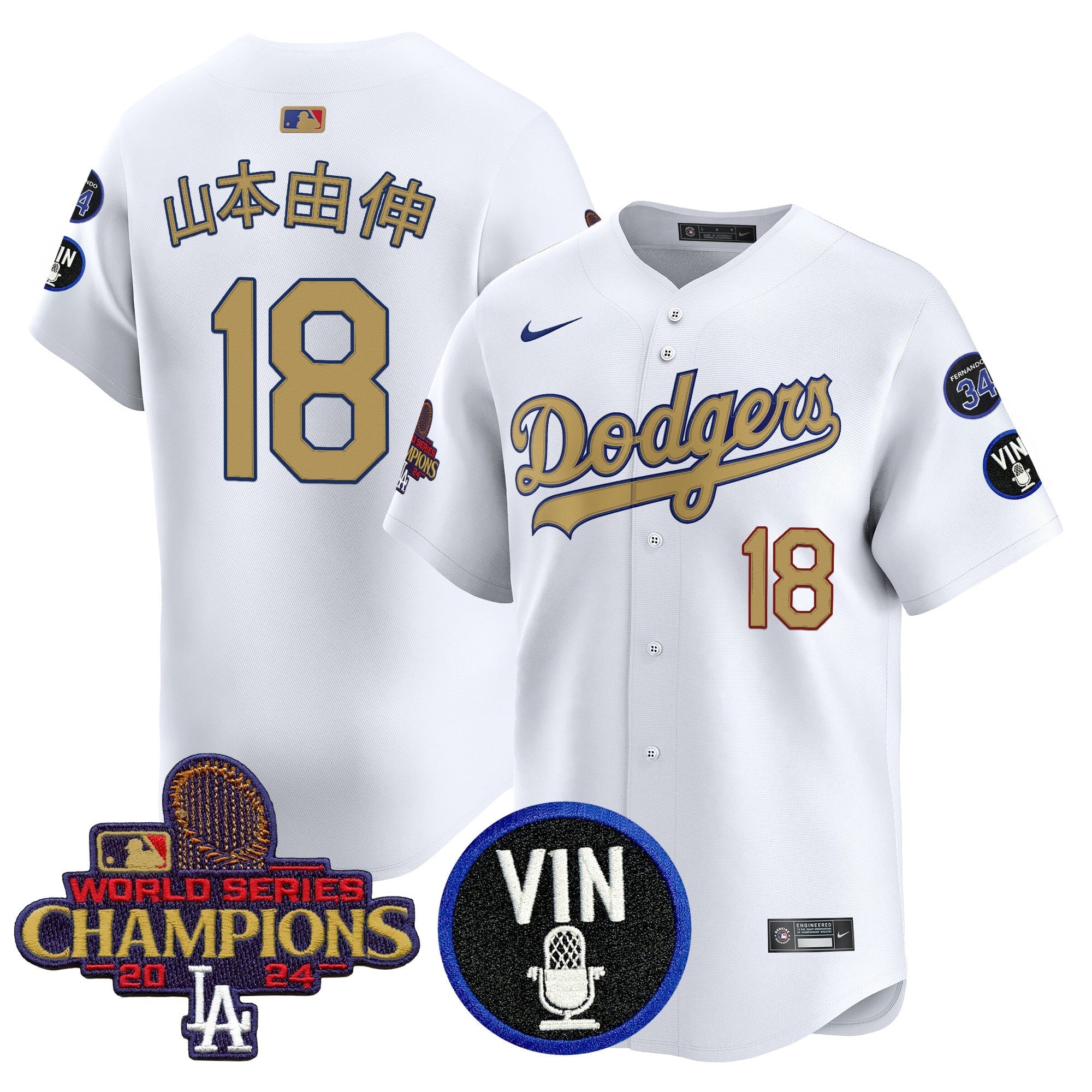 Men’s 2025 Vin Scully & #34 Fernando Patch Gold Vapor Premier Limited Jersey