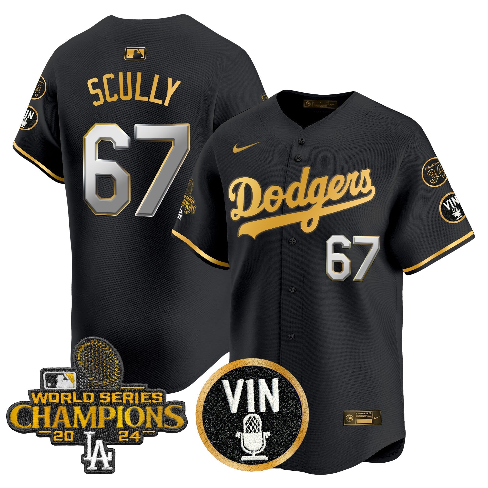 Men’s 2025 Vin Scully & #34 Fernando Patch Gold Vapor Premier Limited Jersey