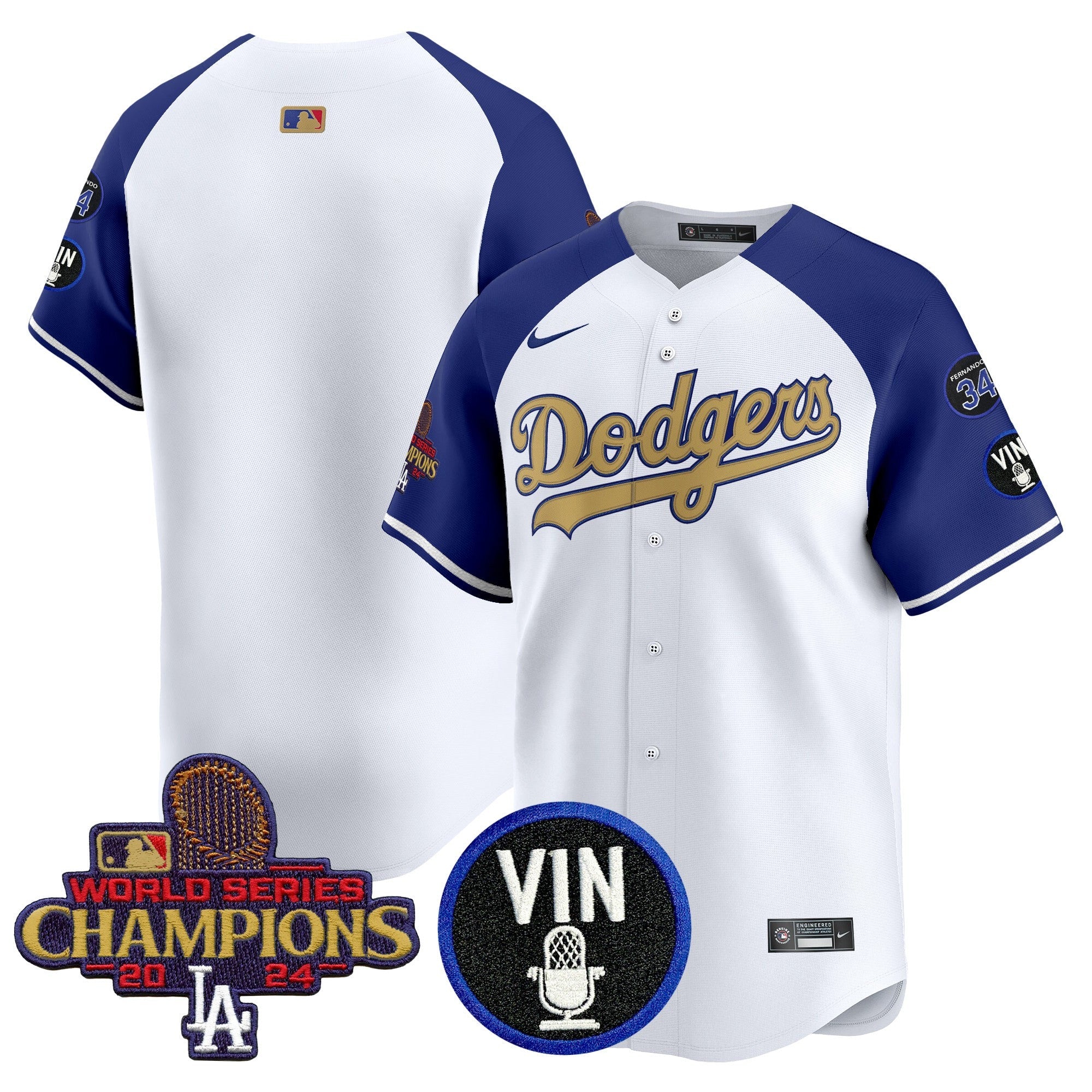 Men’s 2025 Vin Scully & #34 Fernando Patch Gold Vapor Premier Limited Jersey