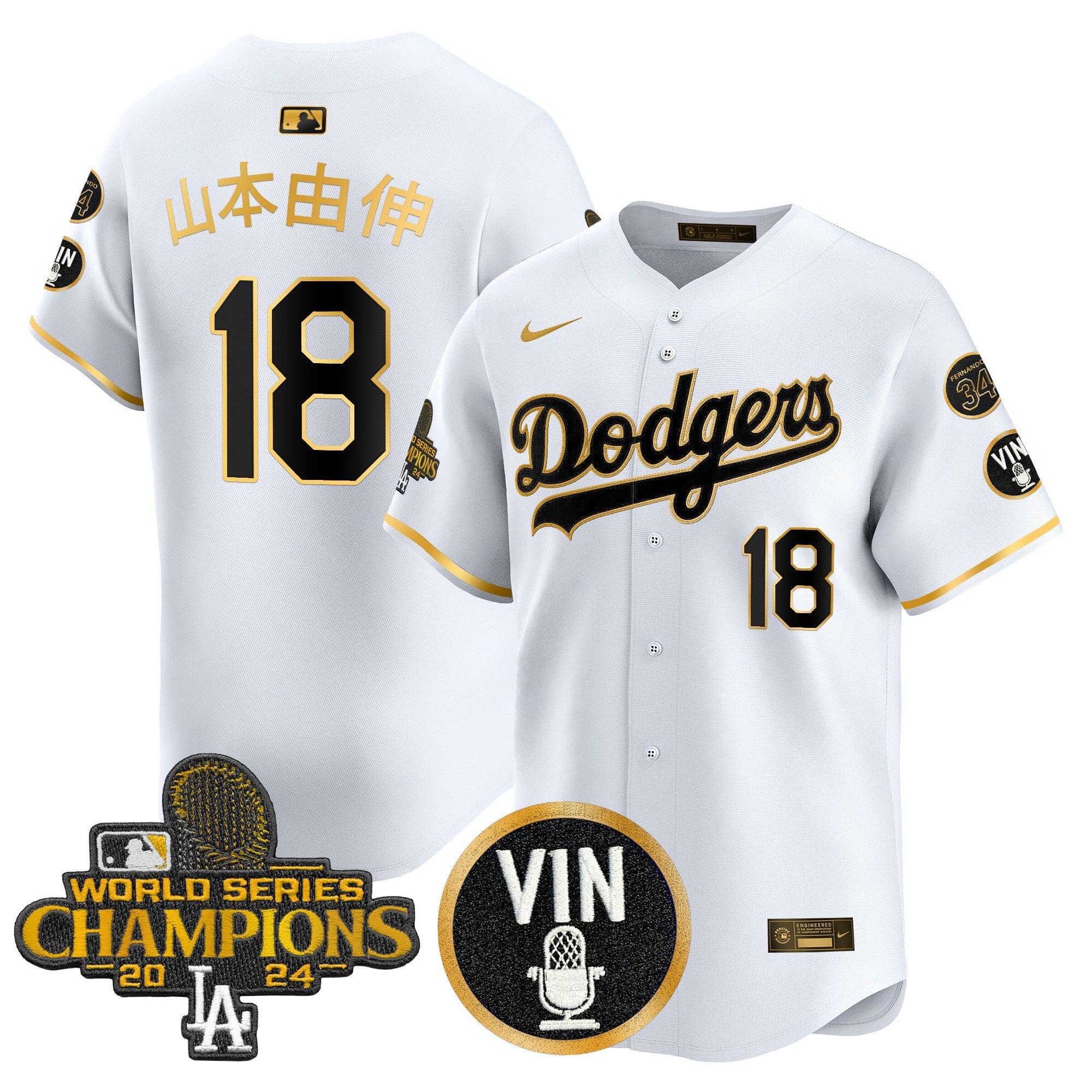 Men’s 2025 Vin Scully & #34 Fernando Patch Gold Vapor Premier Limited Jersey