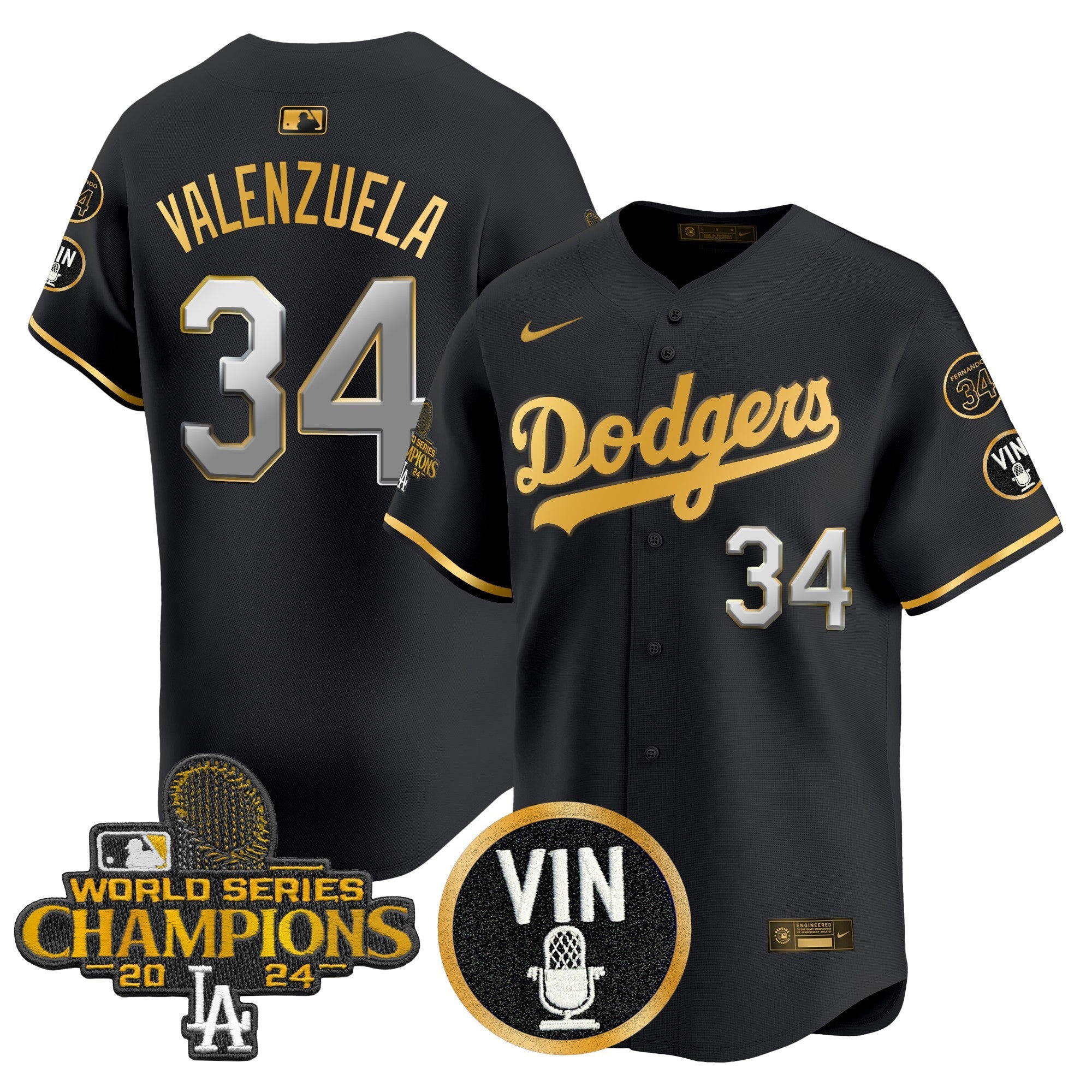 Men’s 2025 Vin Scully & #34 Fernando Patch Gold Vapor Premier Limited Jersey