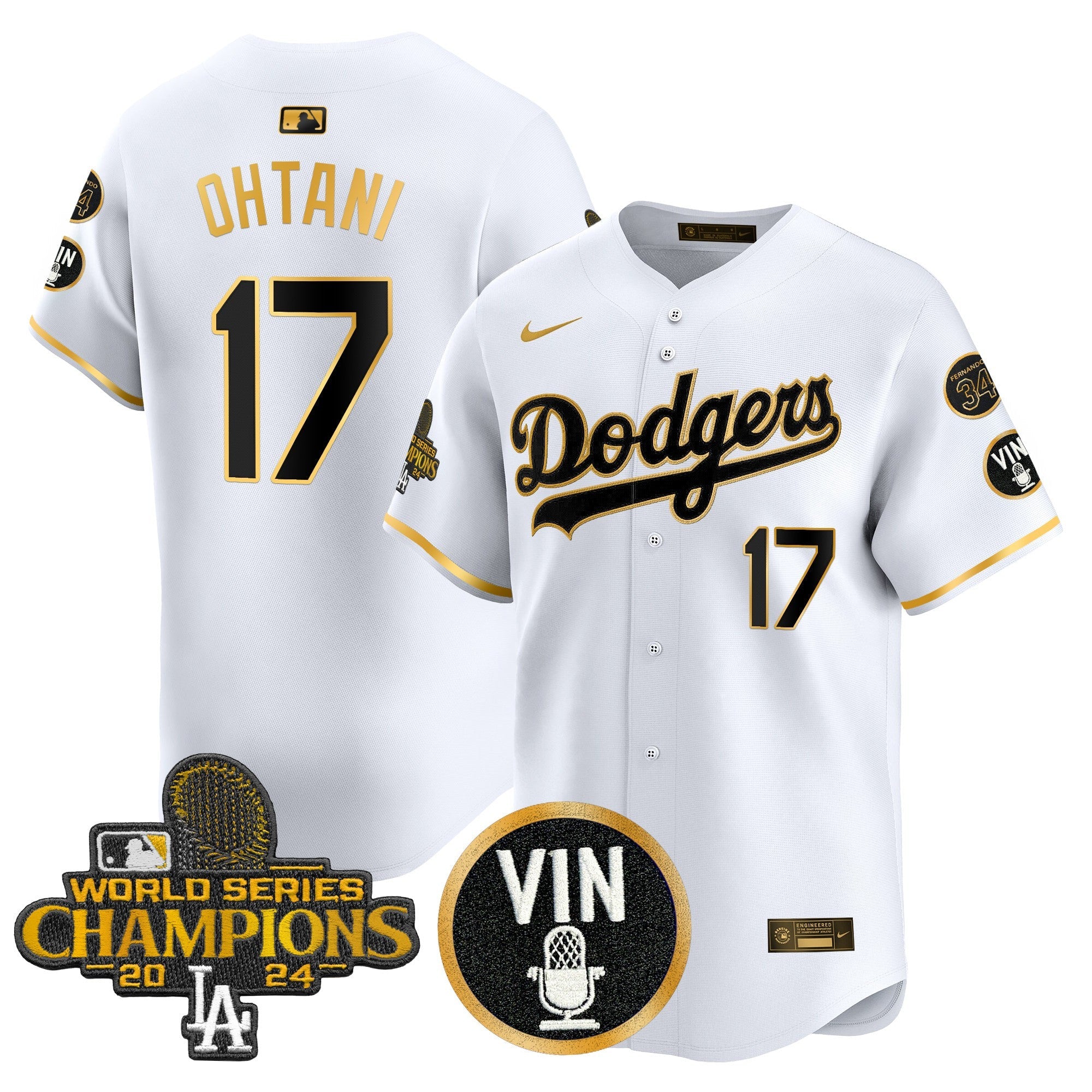 Men’s 2025 Vin Scully & #34 Fernando Patch Gold Vapor Premier Limited Jersey