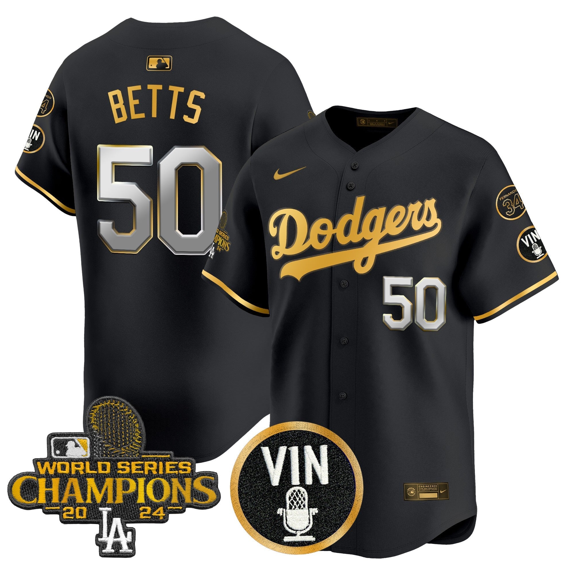 Men’s 2025 Vin Scully & #34 Fernando Patch Gold Vapor Premier Limited Jersey