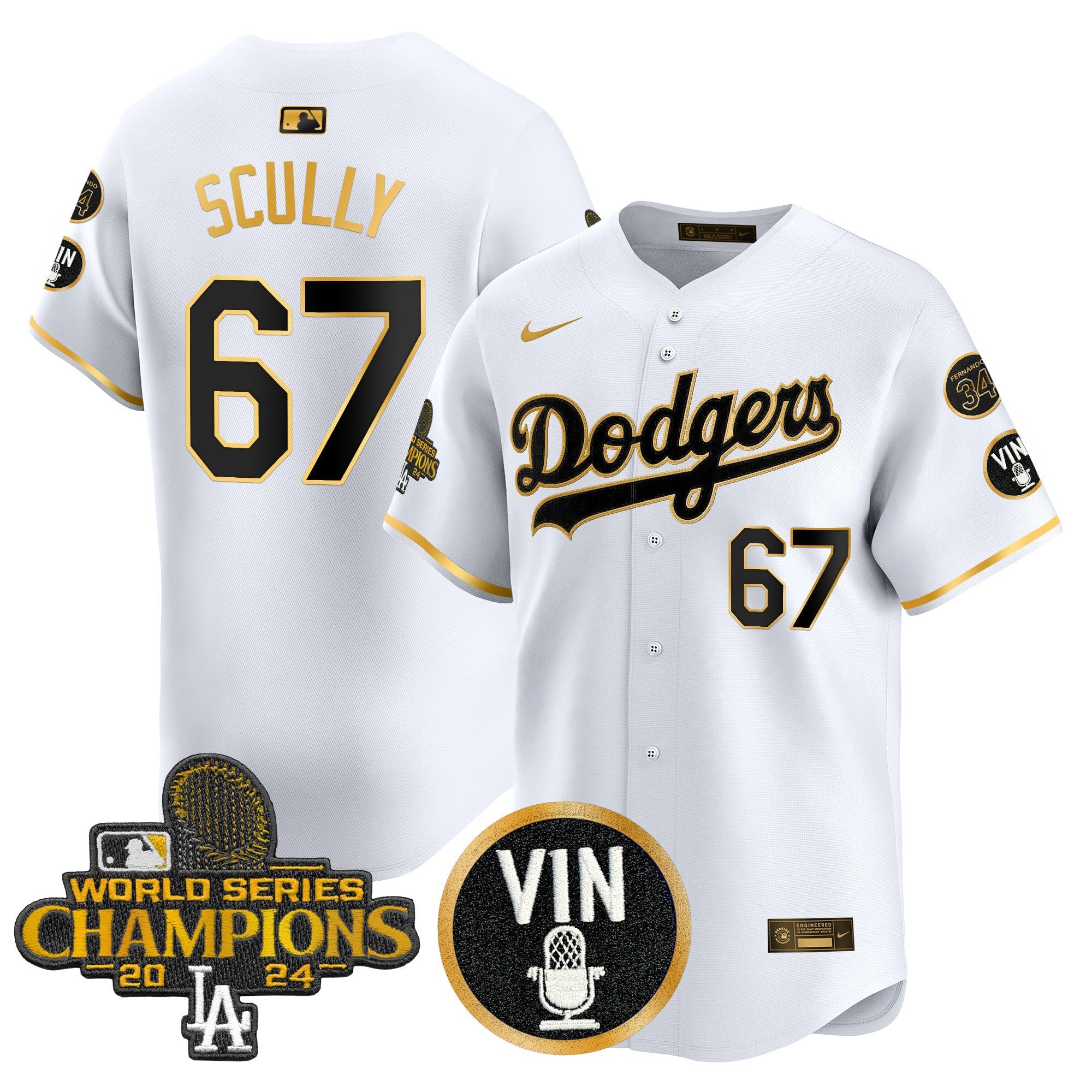 Men’s 2025 Vin Scully & #34 Fernando Patch Gold Vapor Premier Limited Jersey