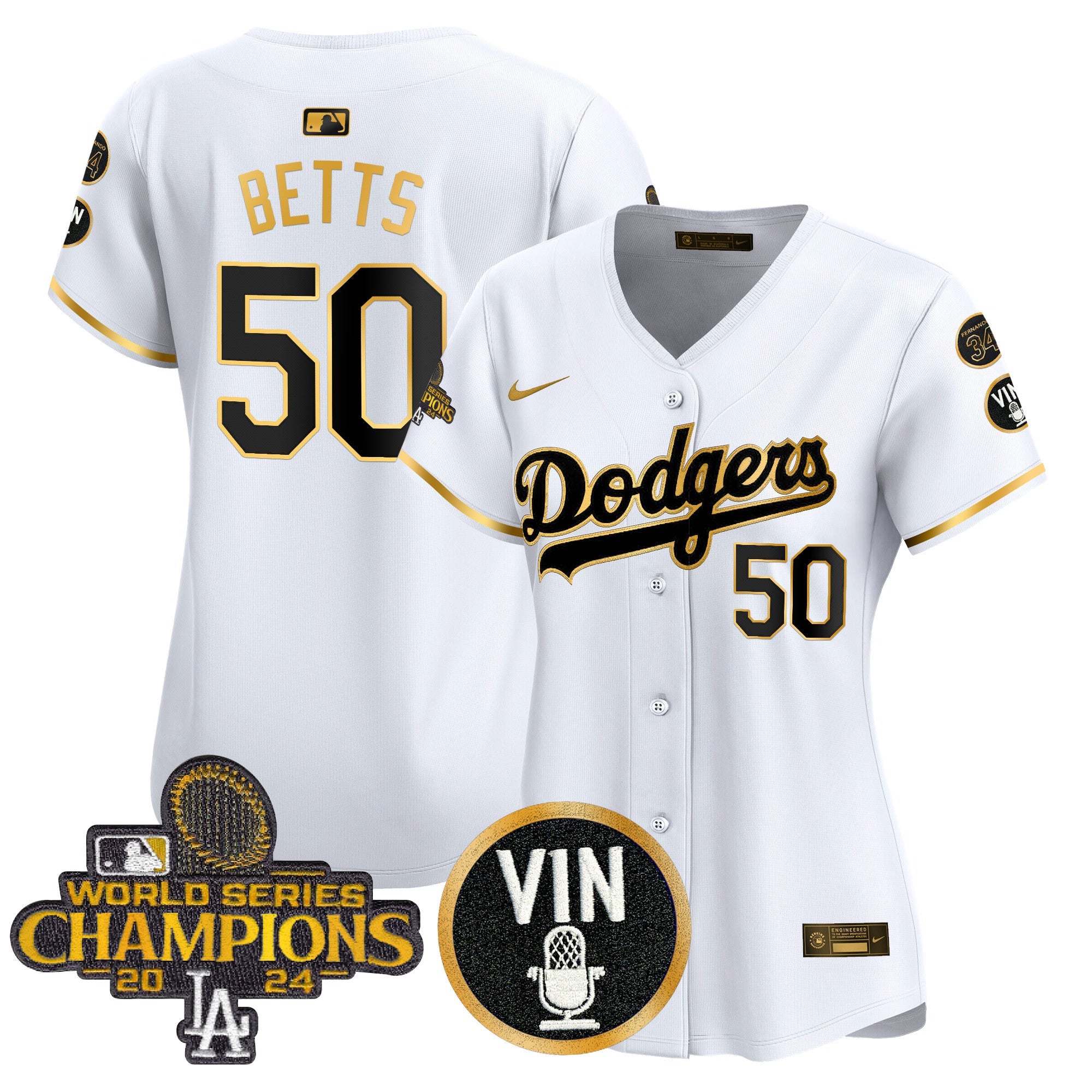 Women’s 2025 Vin Scully & #34 Fernando Patch Gold Vapor Premier Limited Jersey