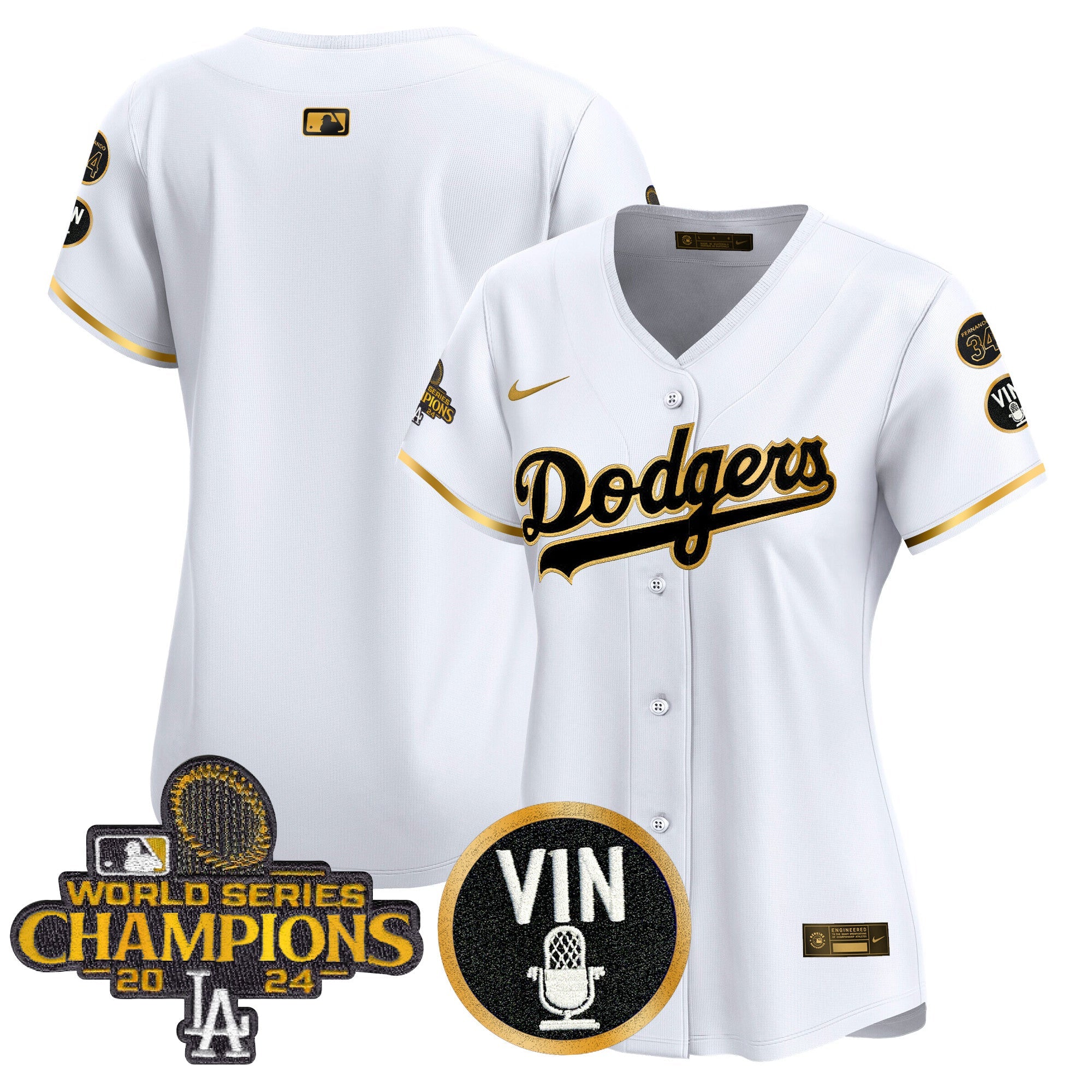 Women’s 2025 Vin Scully & #34 Fernando Patch Gold Vapor Premier Limited Jersey