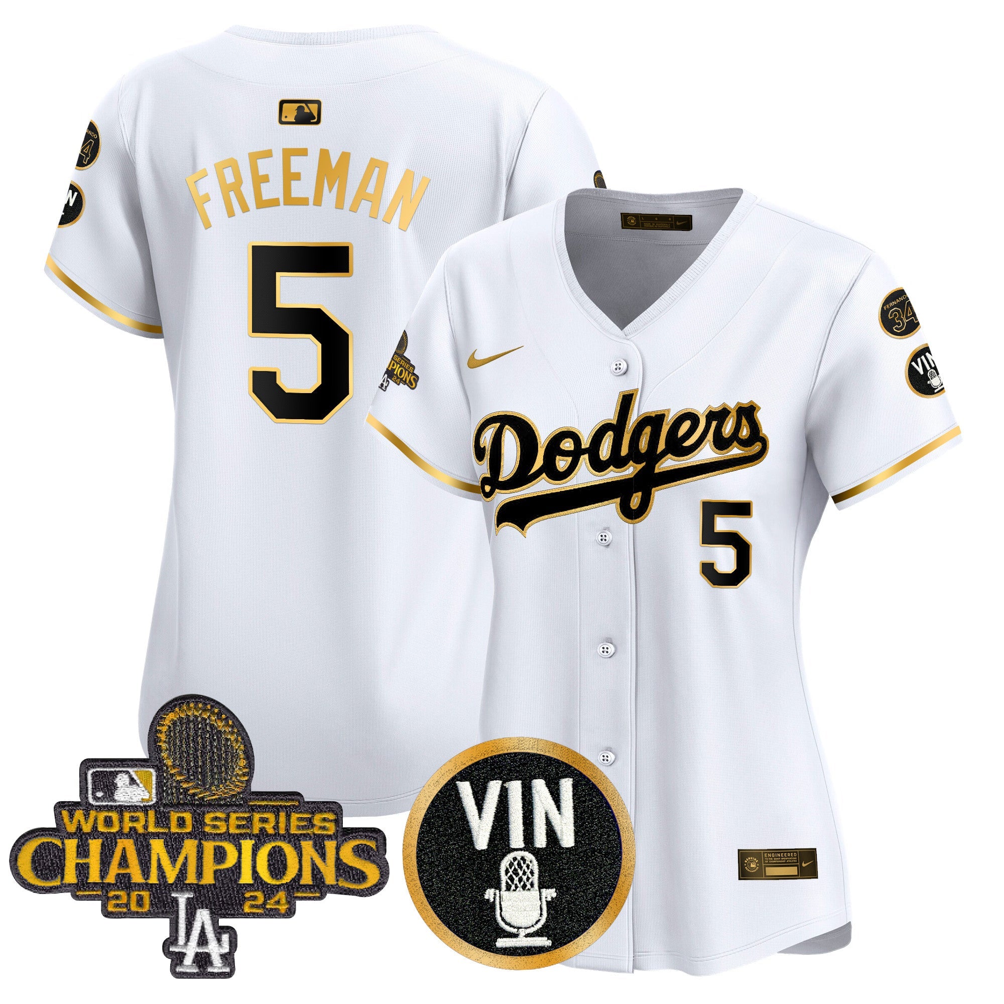 Women’s 2025 Vin Scully & #34 Fernando Patch Gold Vapor Premier Limited Jersey