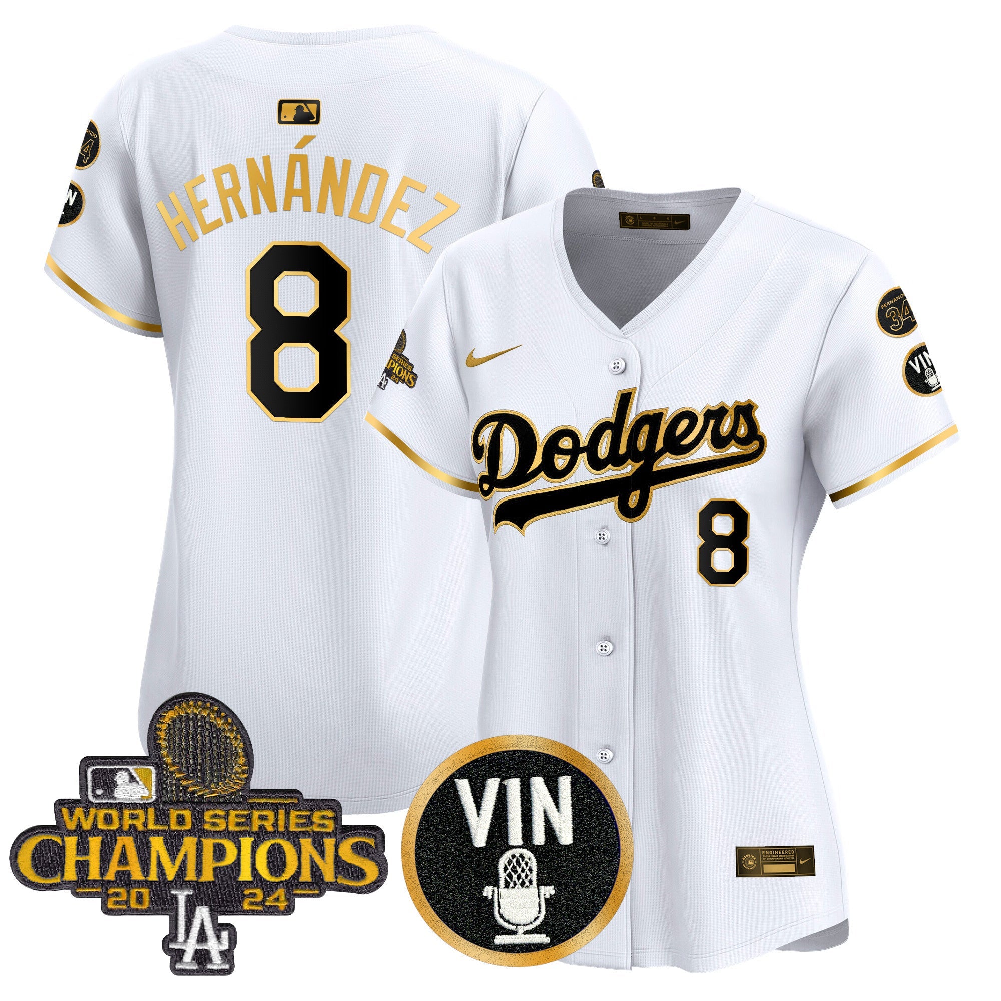 Women’s 2025 Vin Scully & #34 Fernando Patch Gold Vapor Premier Limited Jersey