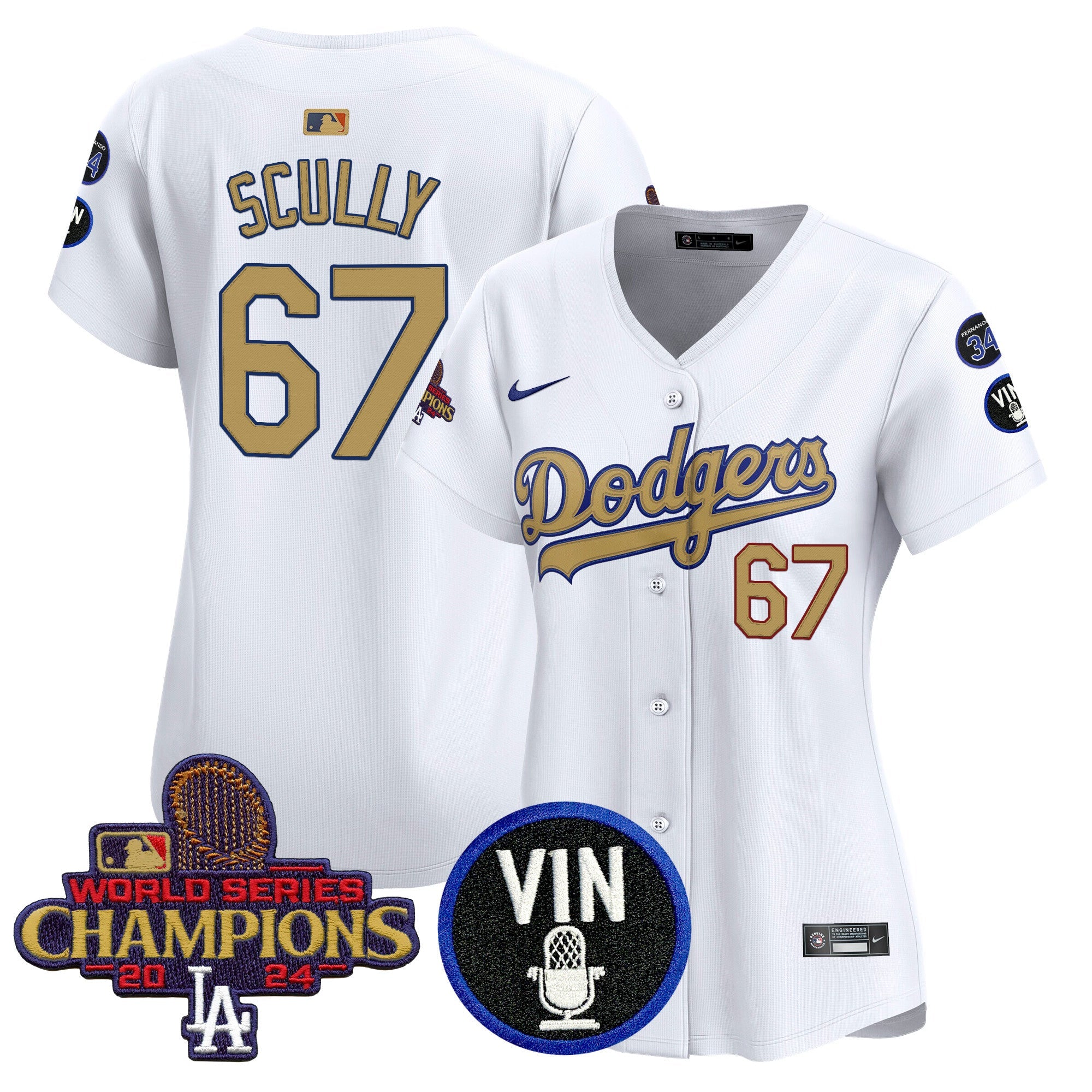 Women’s 2025 Vin Scully & #34 Fernando Patch Gold Vapor Premier Limited Jersey