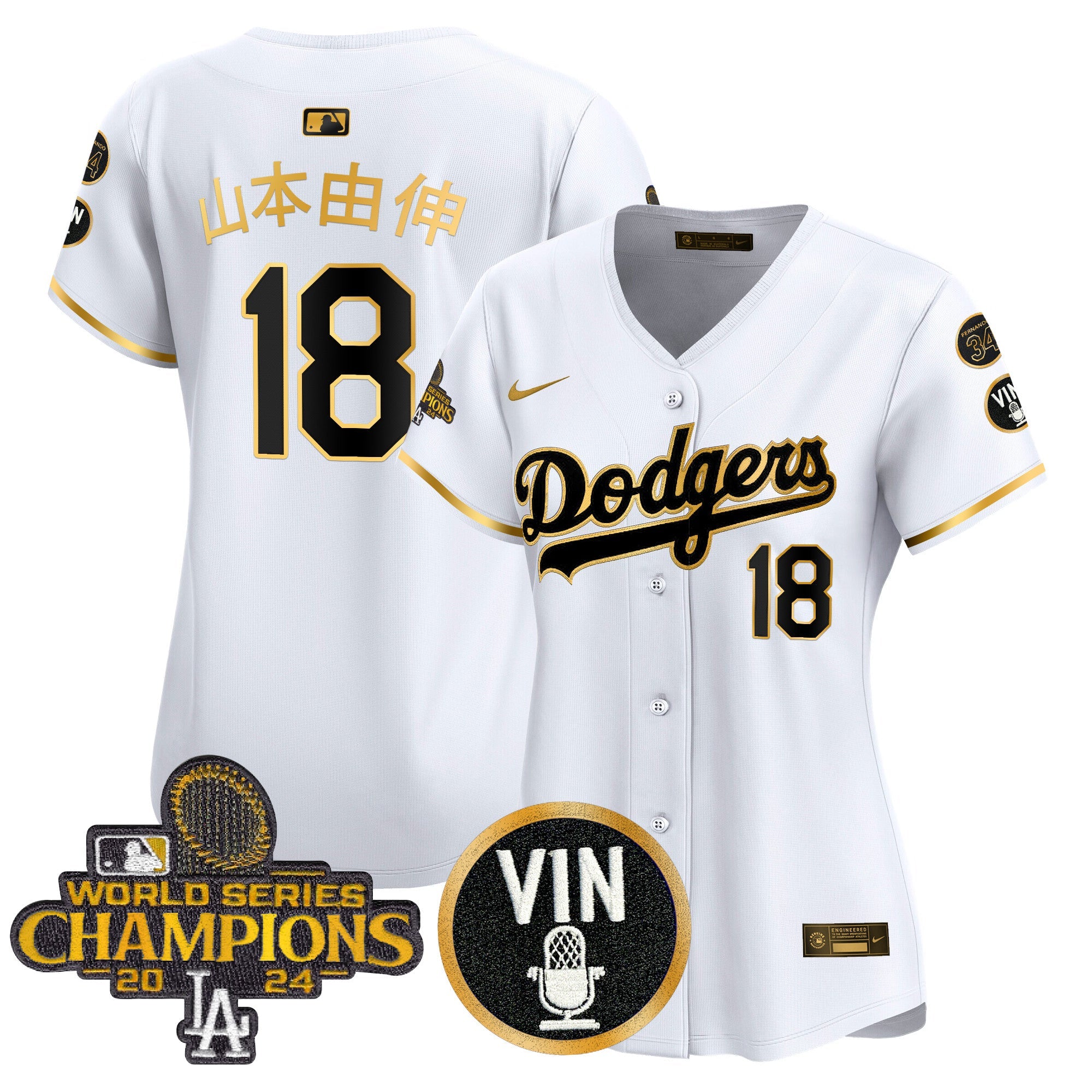 Women’s 2025 Vin Scully & #34 Fernando Patch Gold Vapor Premier Limited Jersey