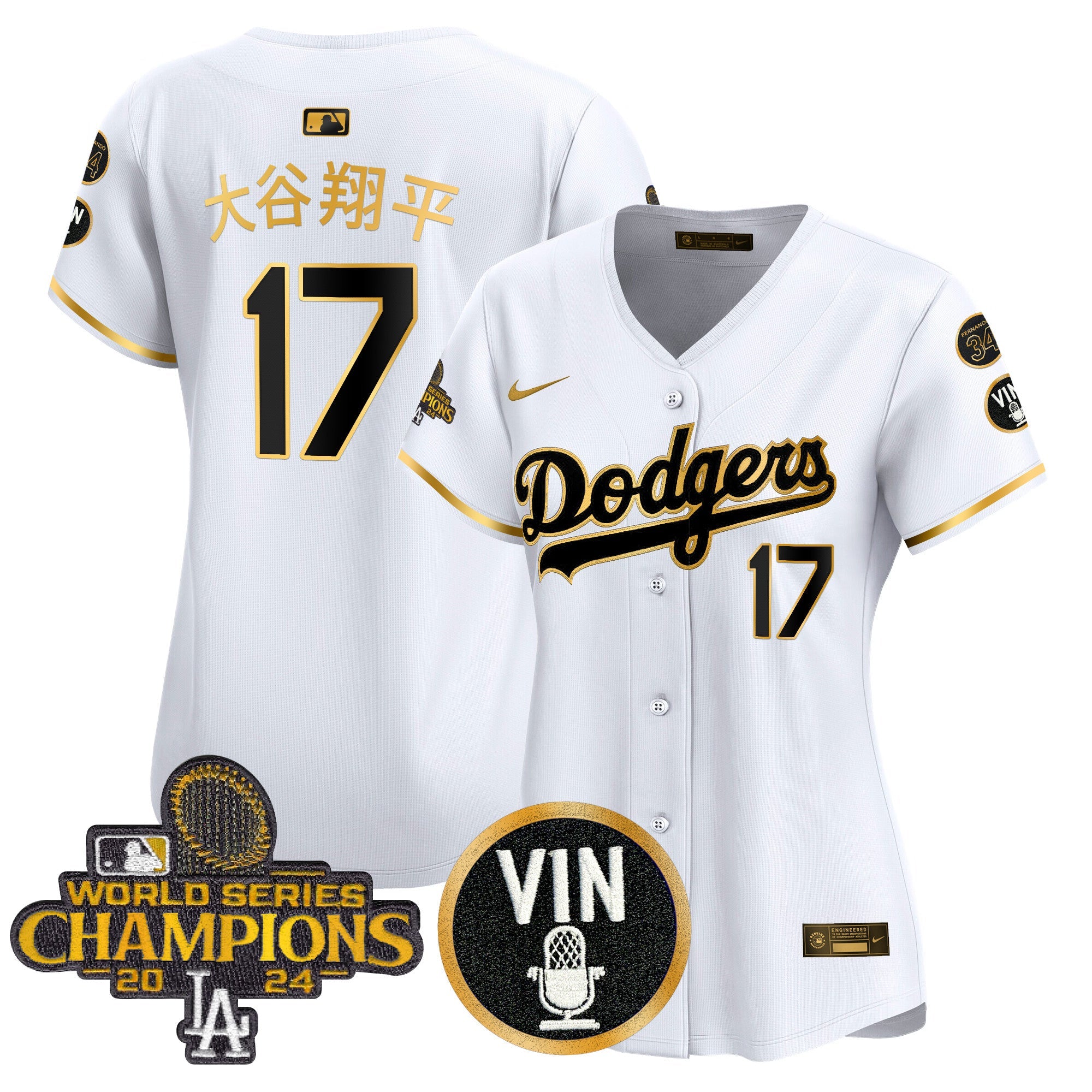 Women’s 2025 Vin Scully & #34 Fernando Patch Gold Vapor Premier Limited Jersey