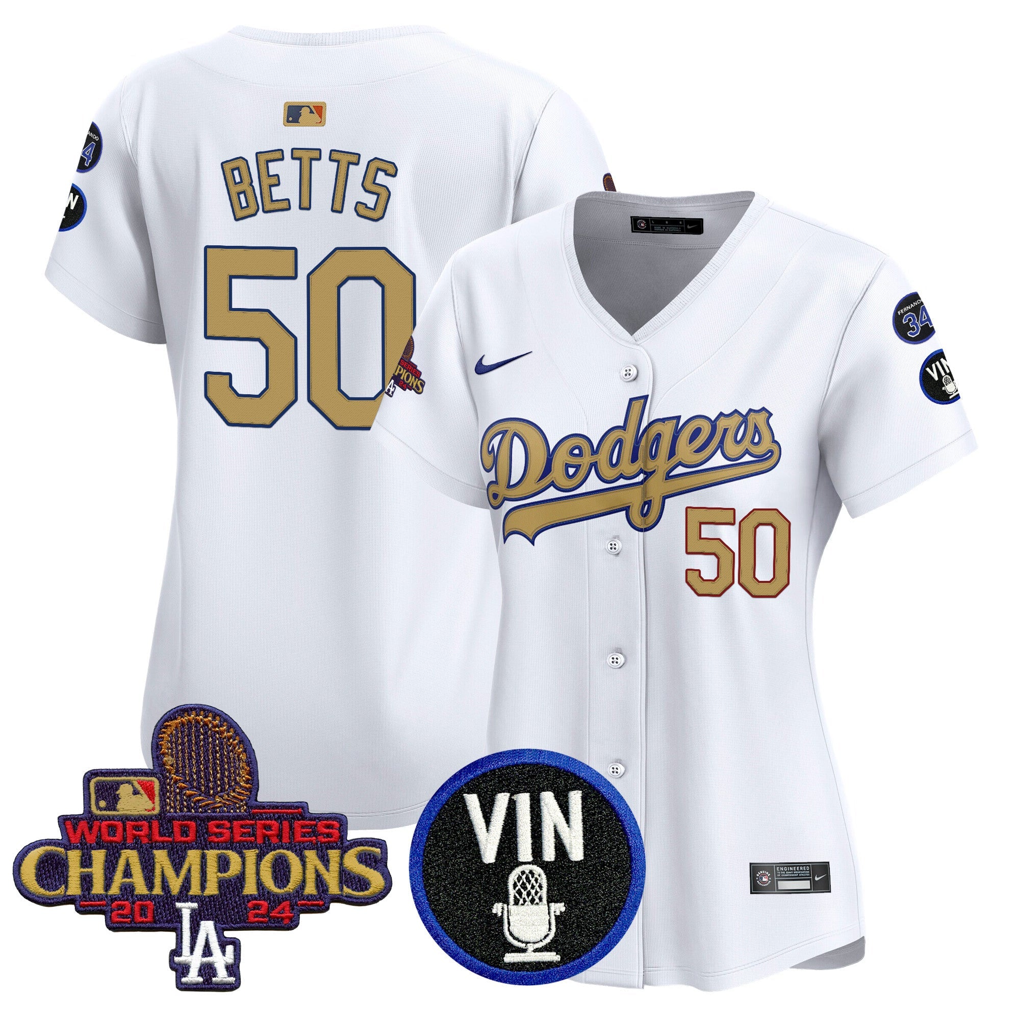 Women’s 2025 Vin Scully & #34 Fernando Patch Gold Vapor Premier Limited Jersey