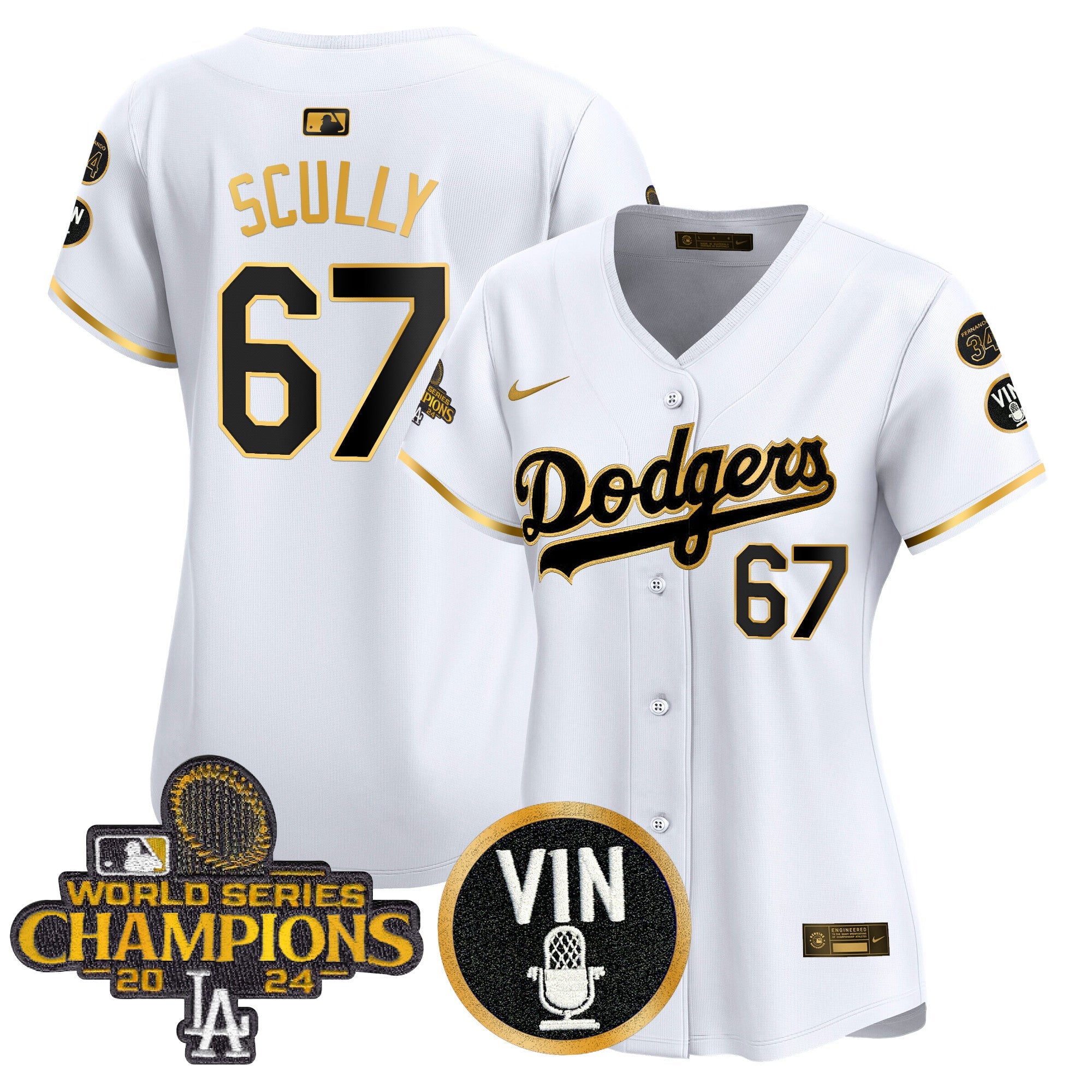 Women’s 2025 Vin Scully & #34 Fernando Patch Gold Vapor Premier Limited Jersey