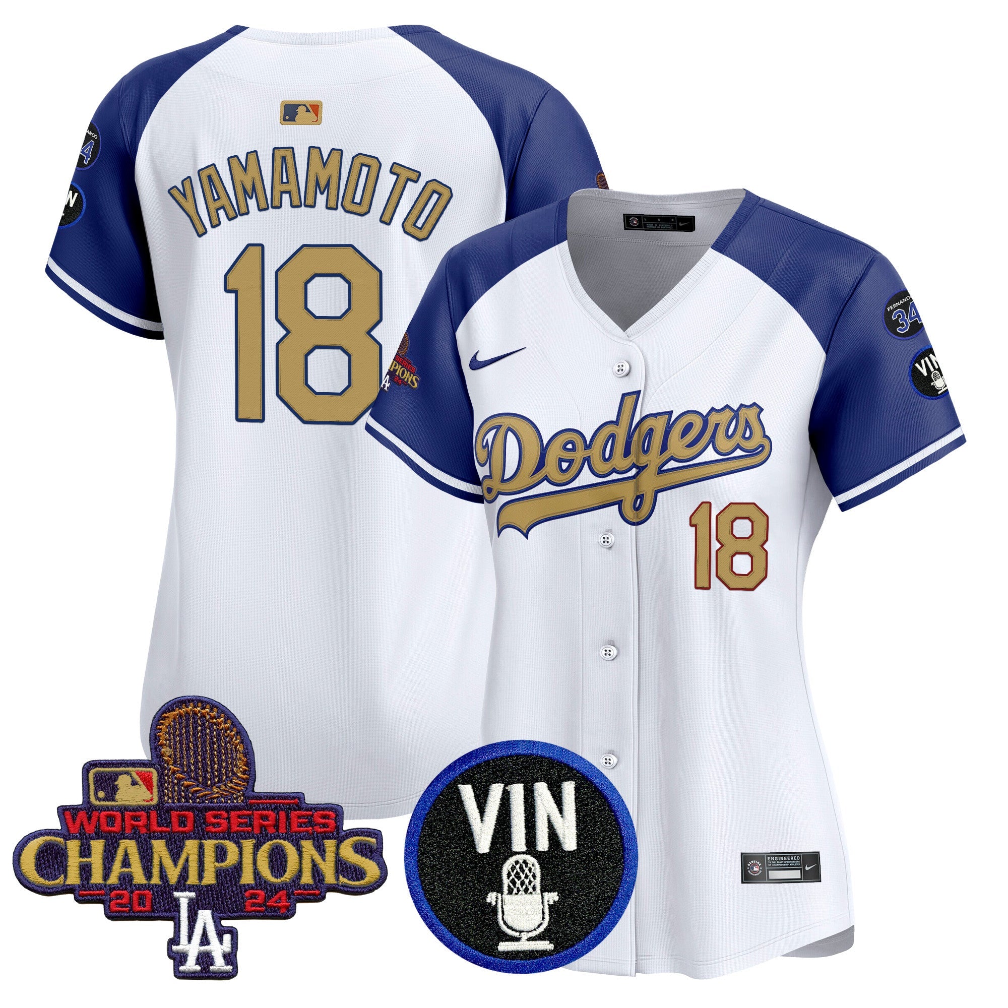 Women’s 2025 Vin Scully & #34 Fernando Patch Gold Vapor Premier Limited Jersey