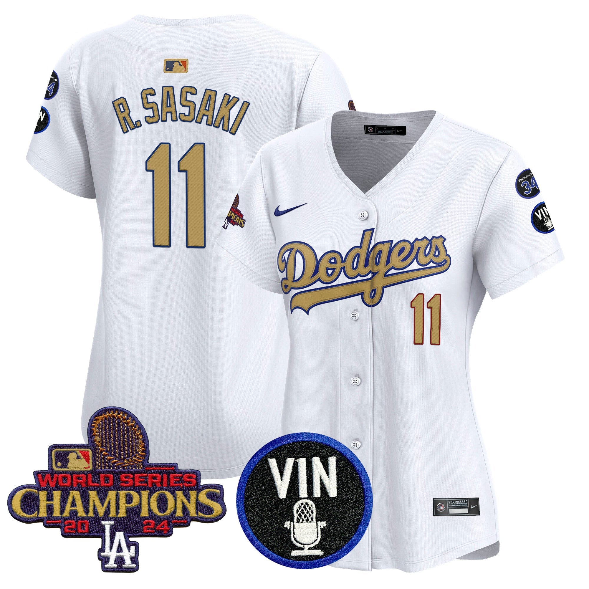 Women’s 2025 Vin Scully & #34 Fernando Patch Gold Vapor Premier Limited Jersey