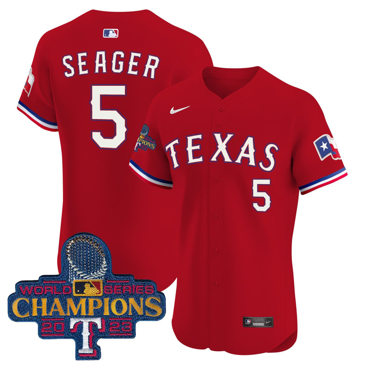 Corey Seager Texas Red 2023 World Series Champions Gold Trim Vapor Premier Elite Jersey