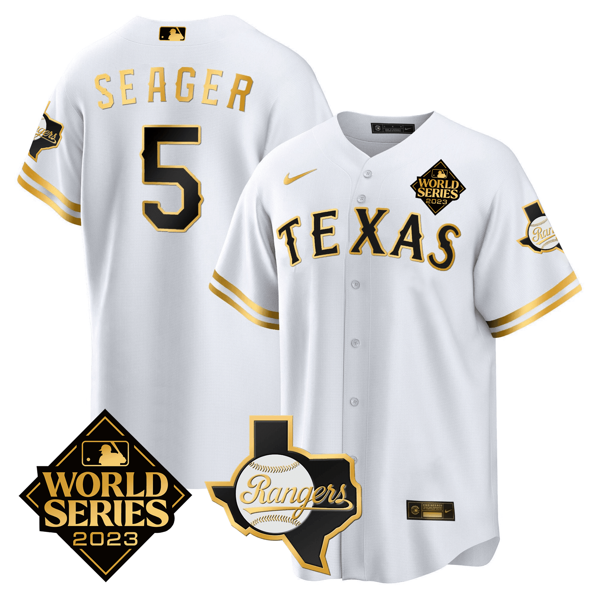 Corey Seager Texas 2023 World Series & Texas State Patch Gold Jersey