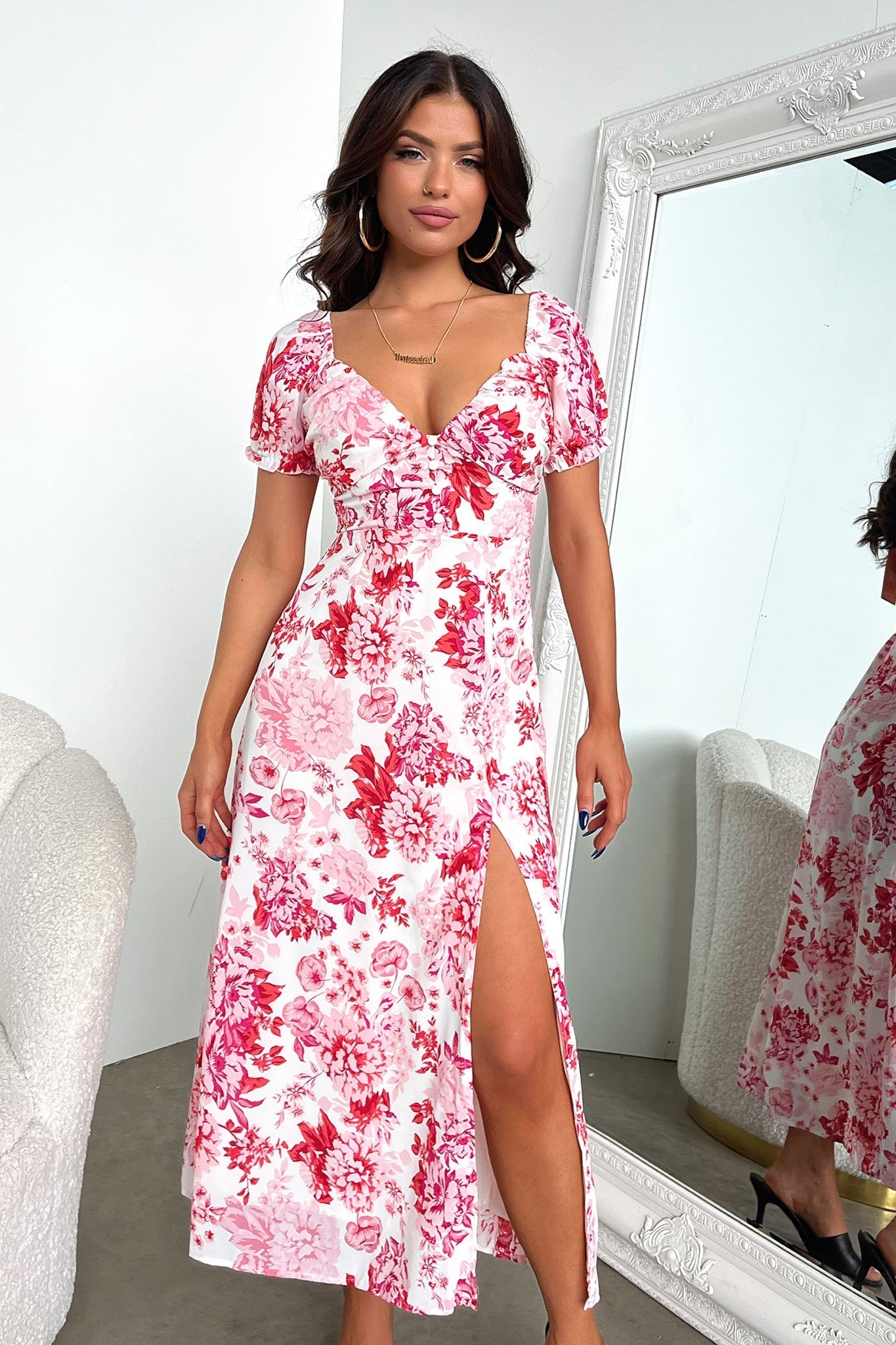 Solem Midi Dress - Pink / Red Floral