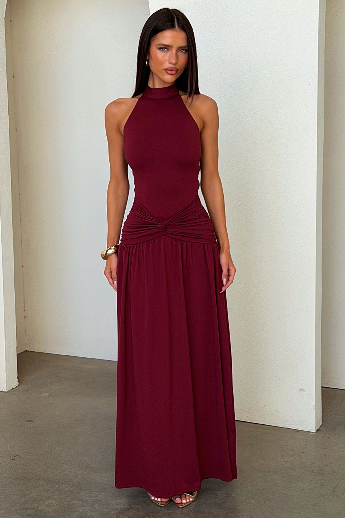 Tallulah High Neck Maxi Dress - Burgundy