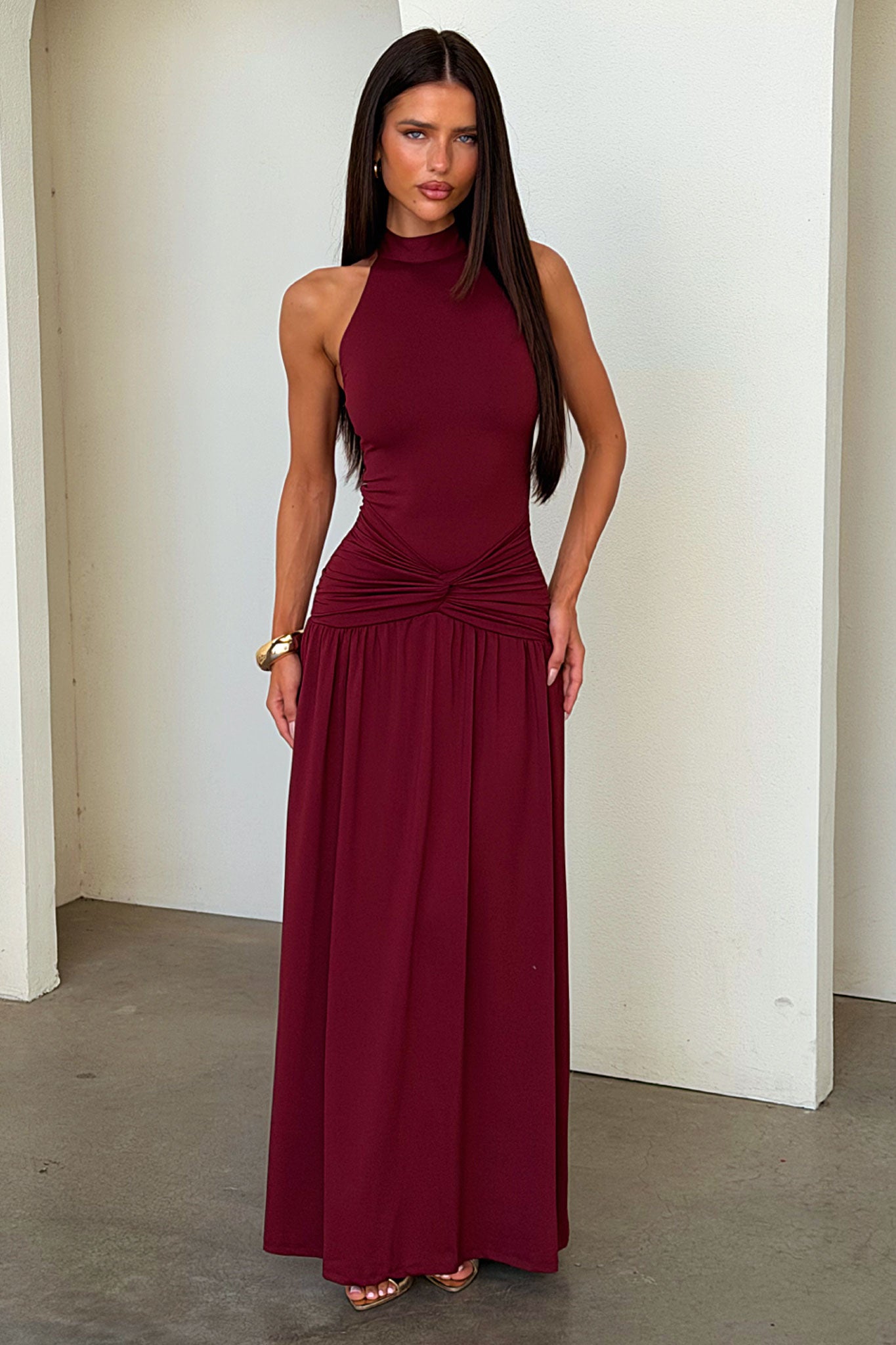 Tallulah High Neck Maxi Dress - Burgundy