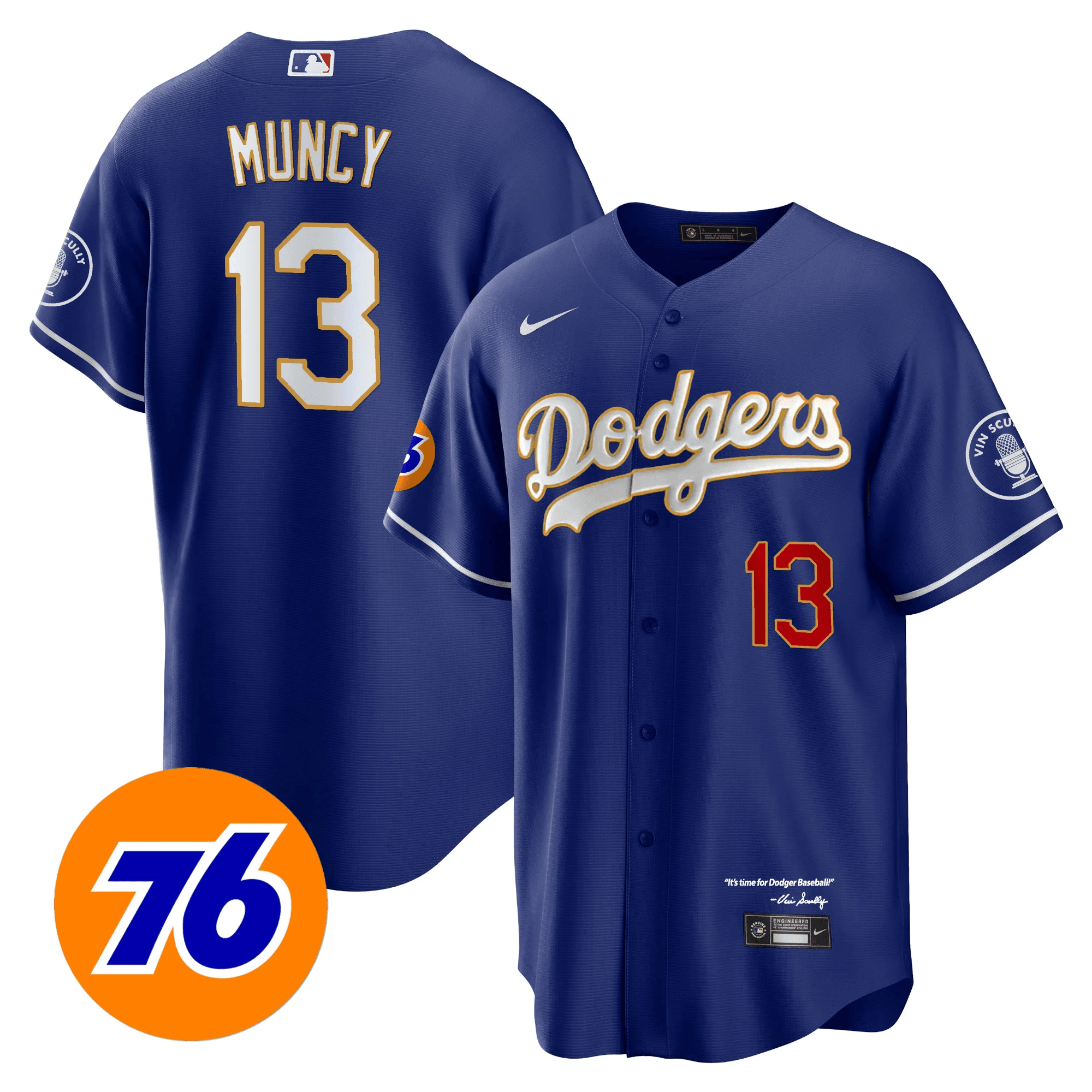 Men’s Los Angeles Vin Scully 76 Patch Gold Trim Player Jersey