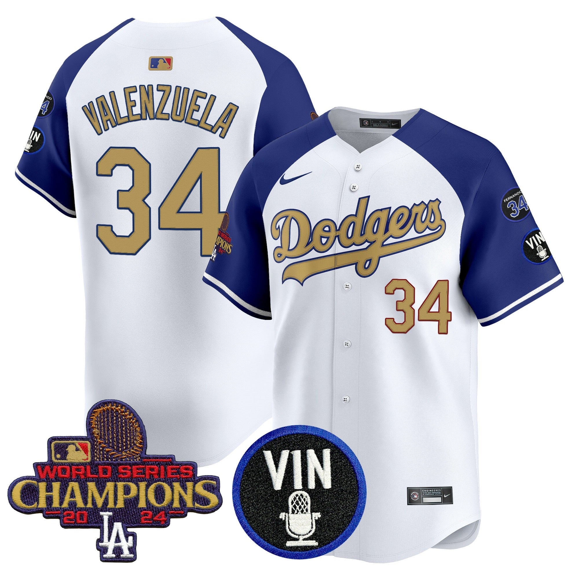 Men’s 2025 Vin Scully & #34 Fernando Patch Gold Vapor Premier Limited Jersey