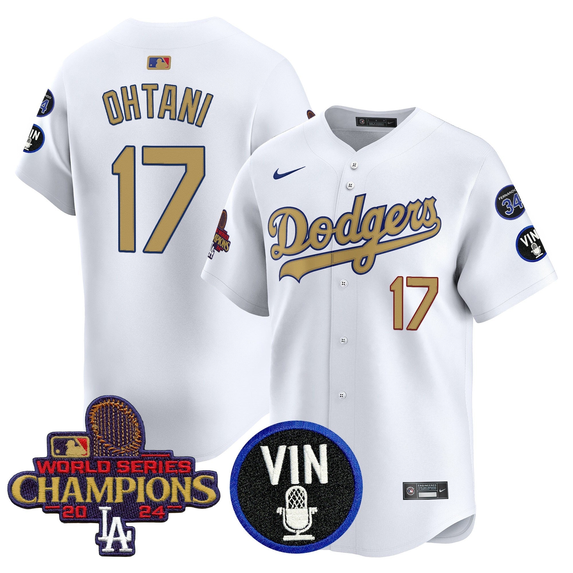 Men’s 2025 Vin Scully & #34 Fernando Patch Gold Vapor Premier Limited Jersey