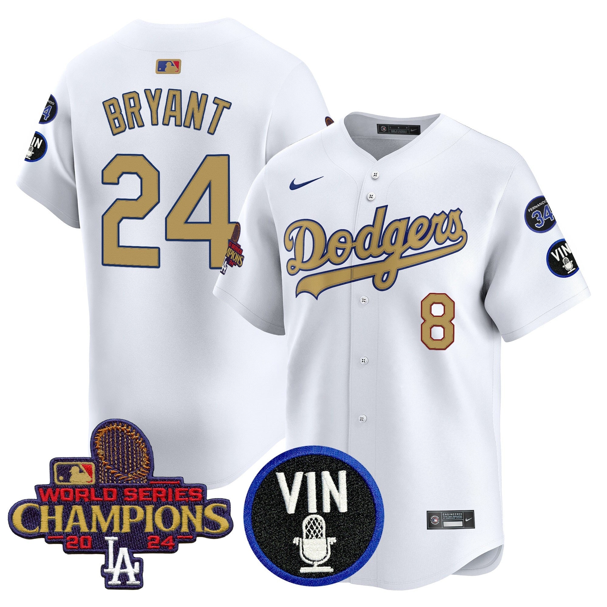 Men’s 2025 Vin Scully & #34 Fernando Patch Gold Vapor Premier Limited Jersey
