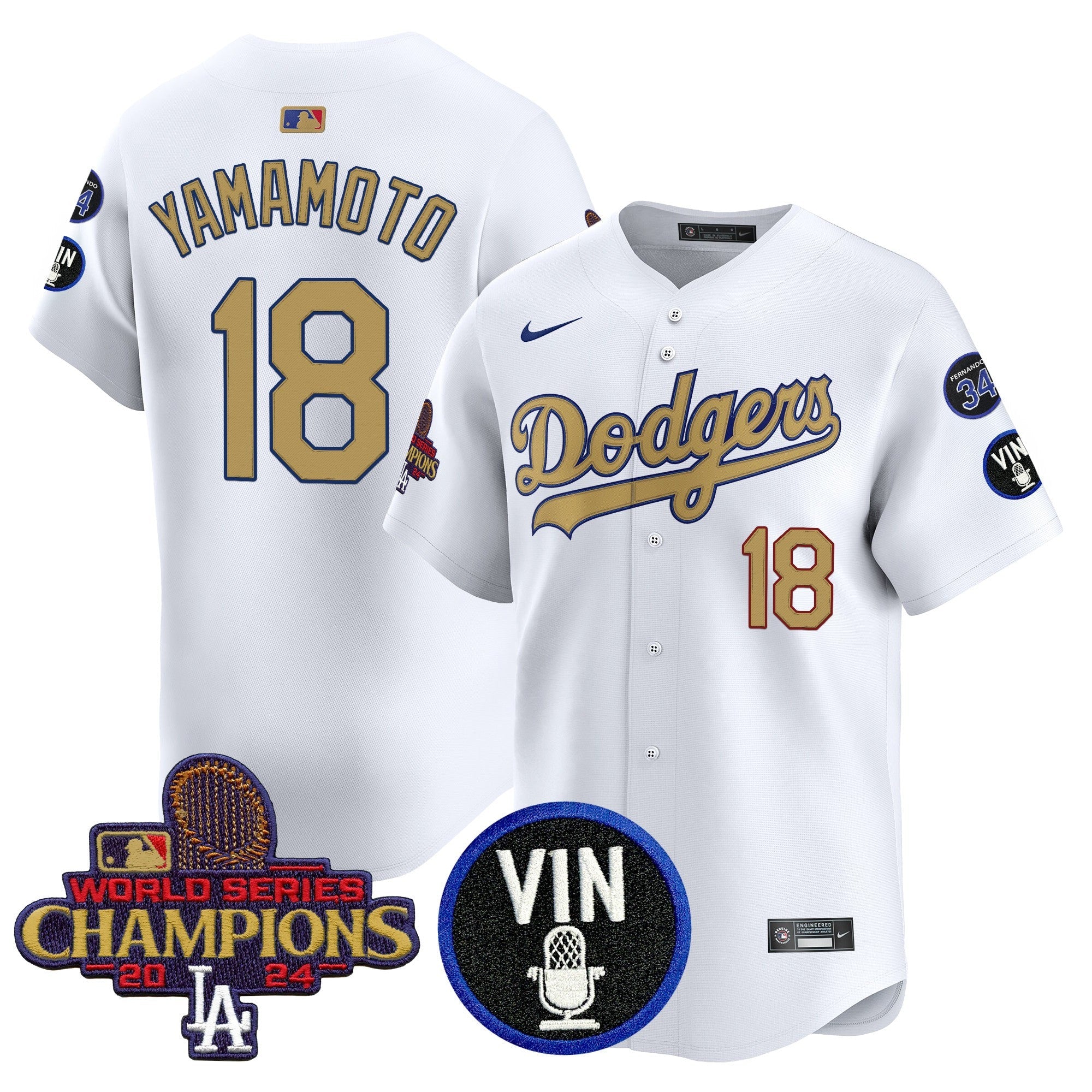Men’s 2025 Vin Scully & #34 Fernando Patch Gold Vapor Premier Limited Jersey