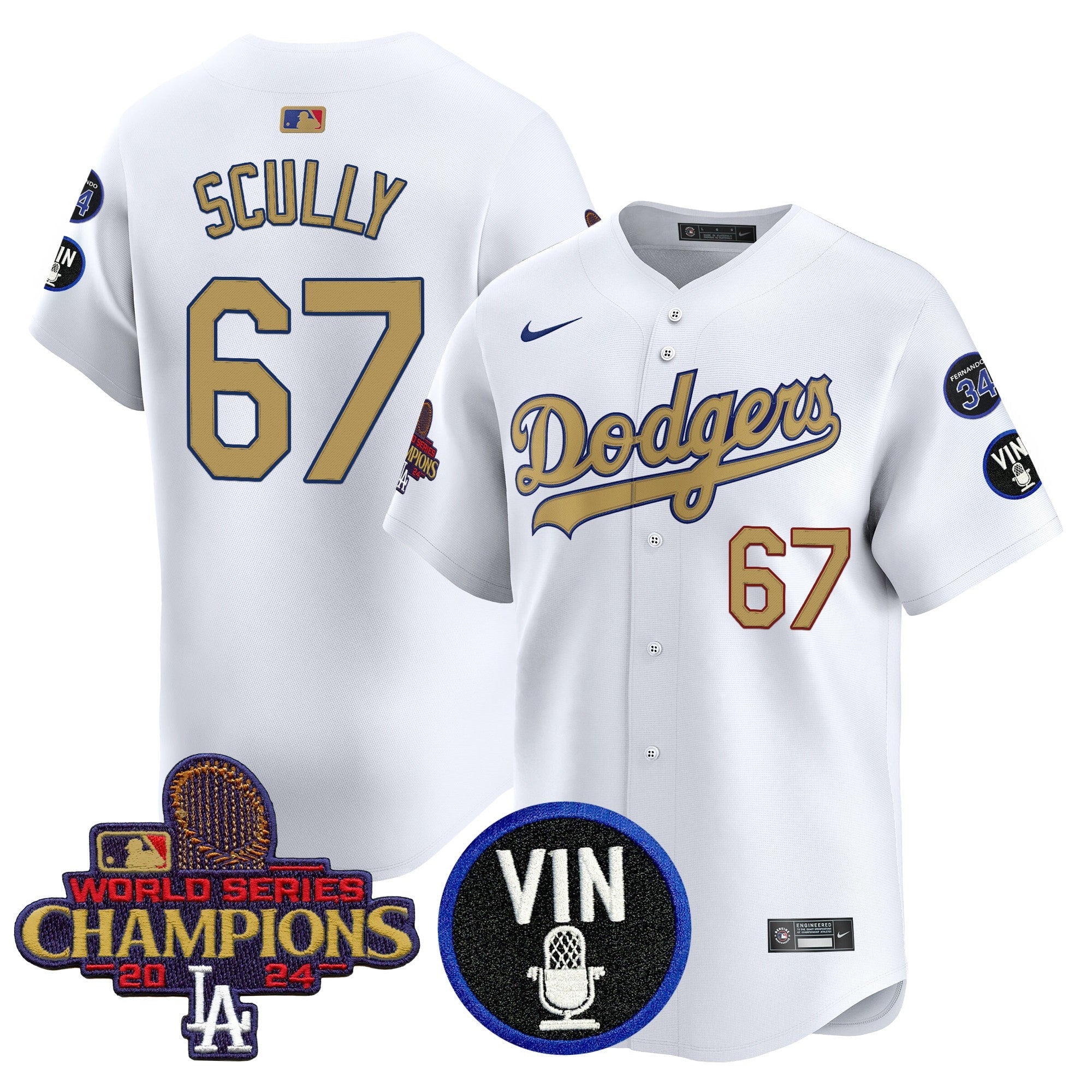 Men’s 2025 Vin Scully & #34 Fernando Patch Gold Vapor Premier Limited Jersey