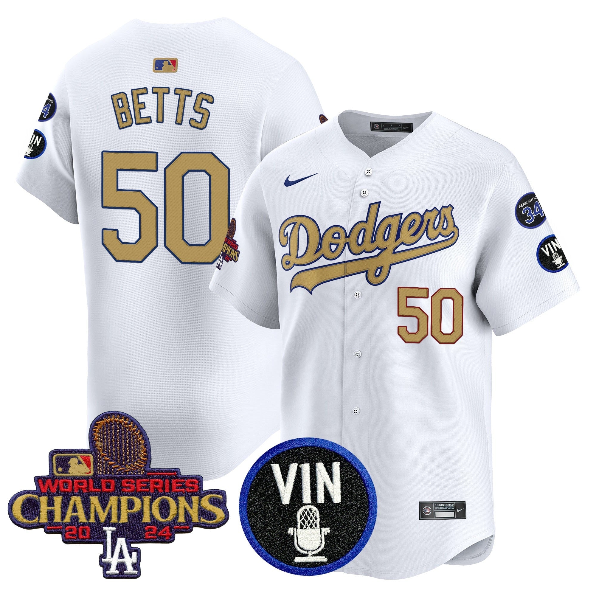 Men’s 2025 Vin Scully & #34 Fernando Patch Gold Vapor Premier Limited Jersey