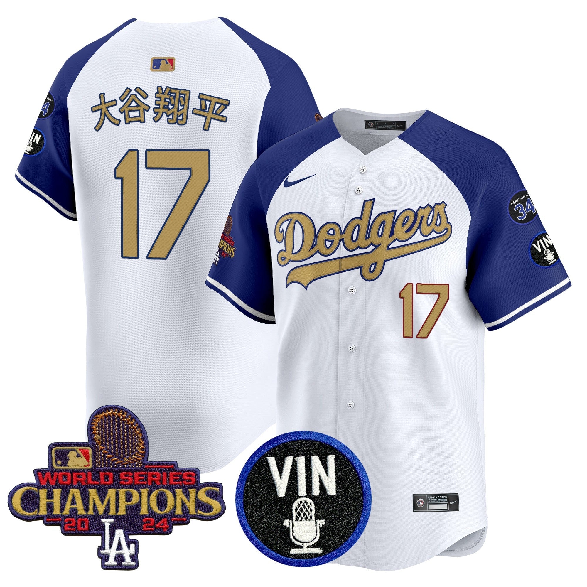 Men’s 2025 Vin Scully & #34 Fernando Patch Gold Vapor Premier Limited Jersey
