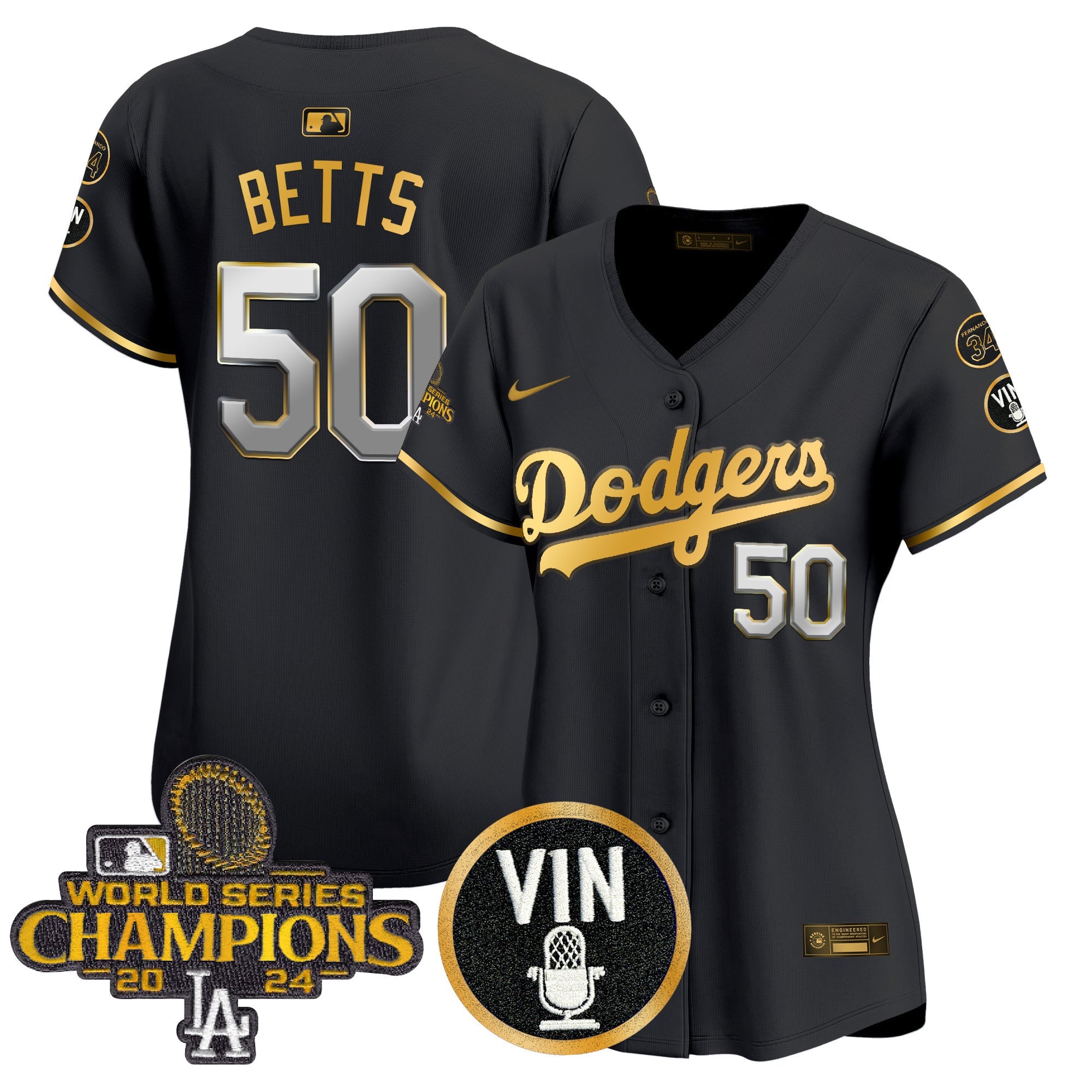 Women’s 2025 Vin Scully & #34 Fernando Patch Gold Vapor Premier Limited Jersey