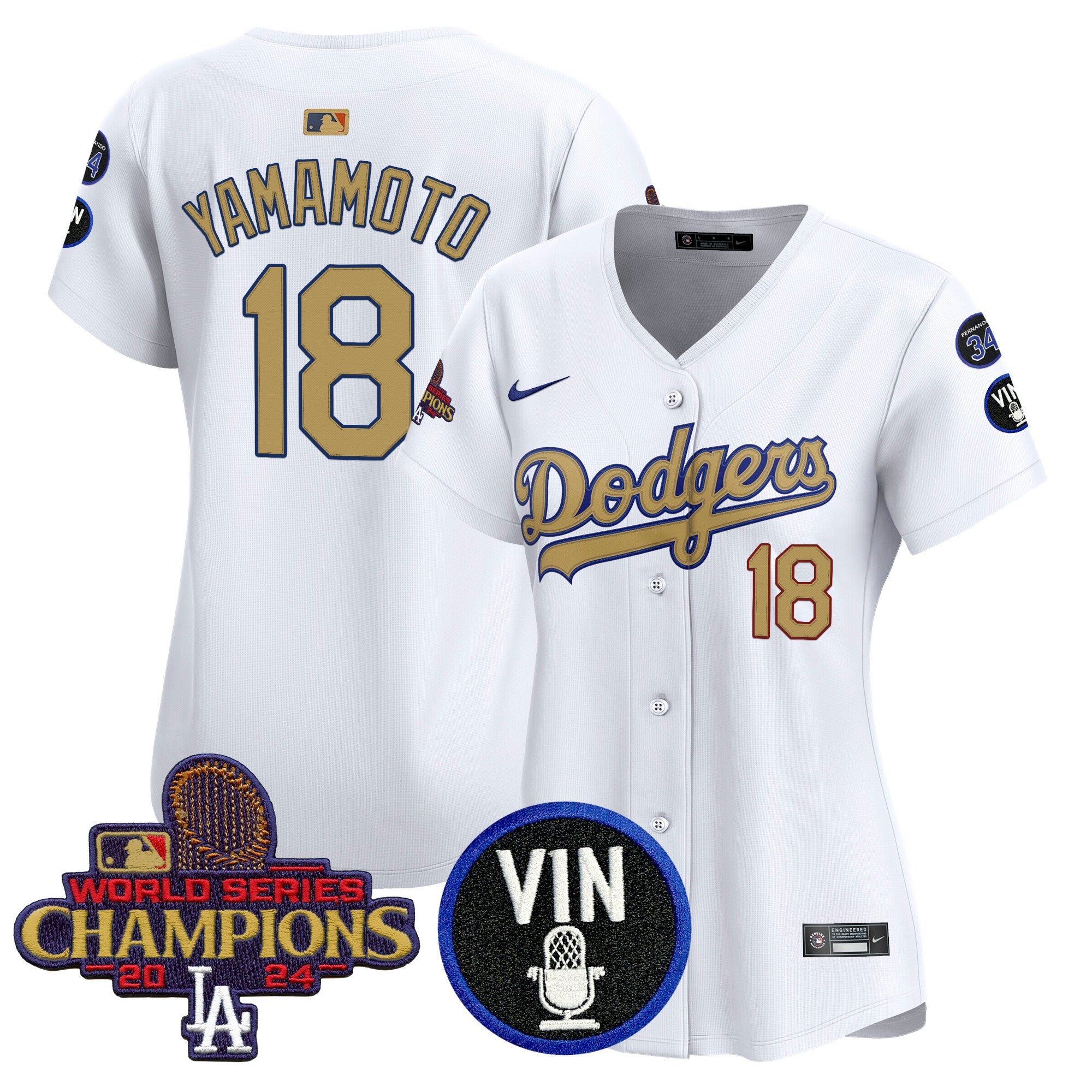 Women’s 2025 Vin Scully & #34 Fernando Patch Gold Vapor Premier Limited Jersey
